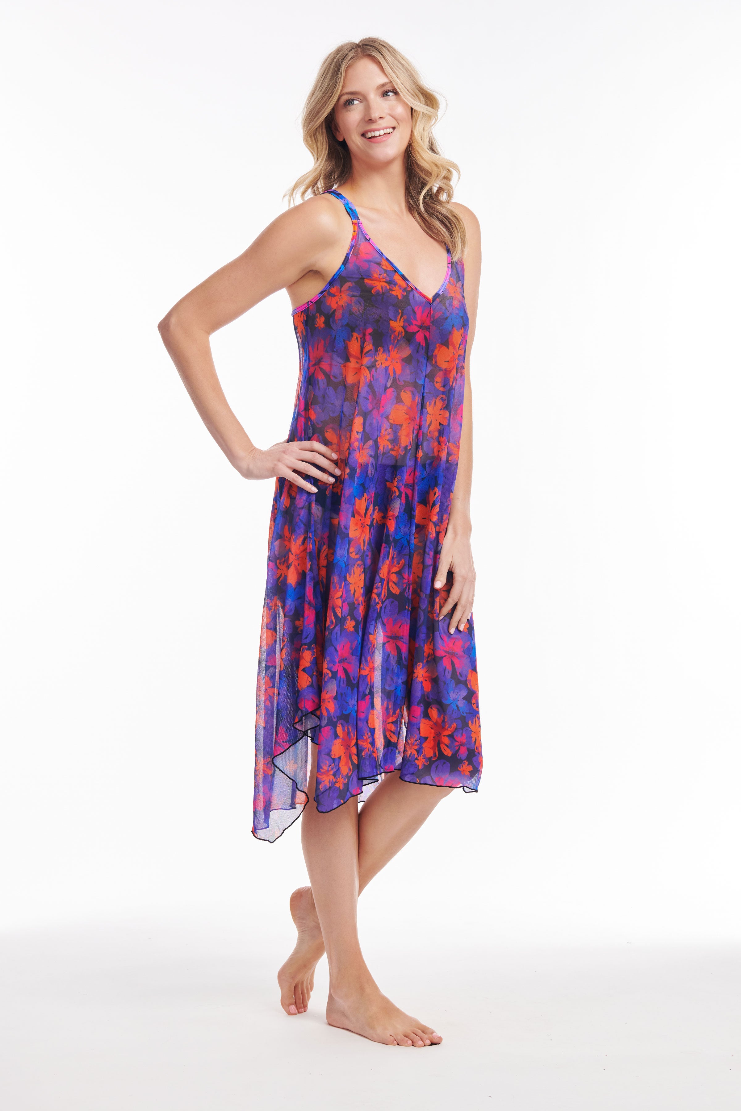 Iridescent Blooms Mid-Length Flowy Mesh Coverup Tank Dress - Perfect for Beach, Pool, and Summer Outings