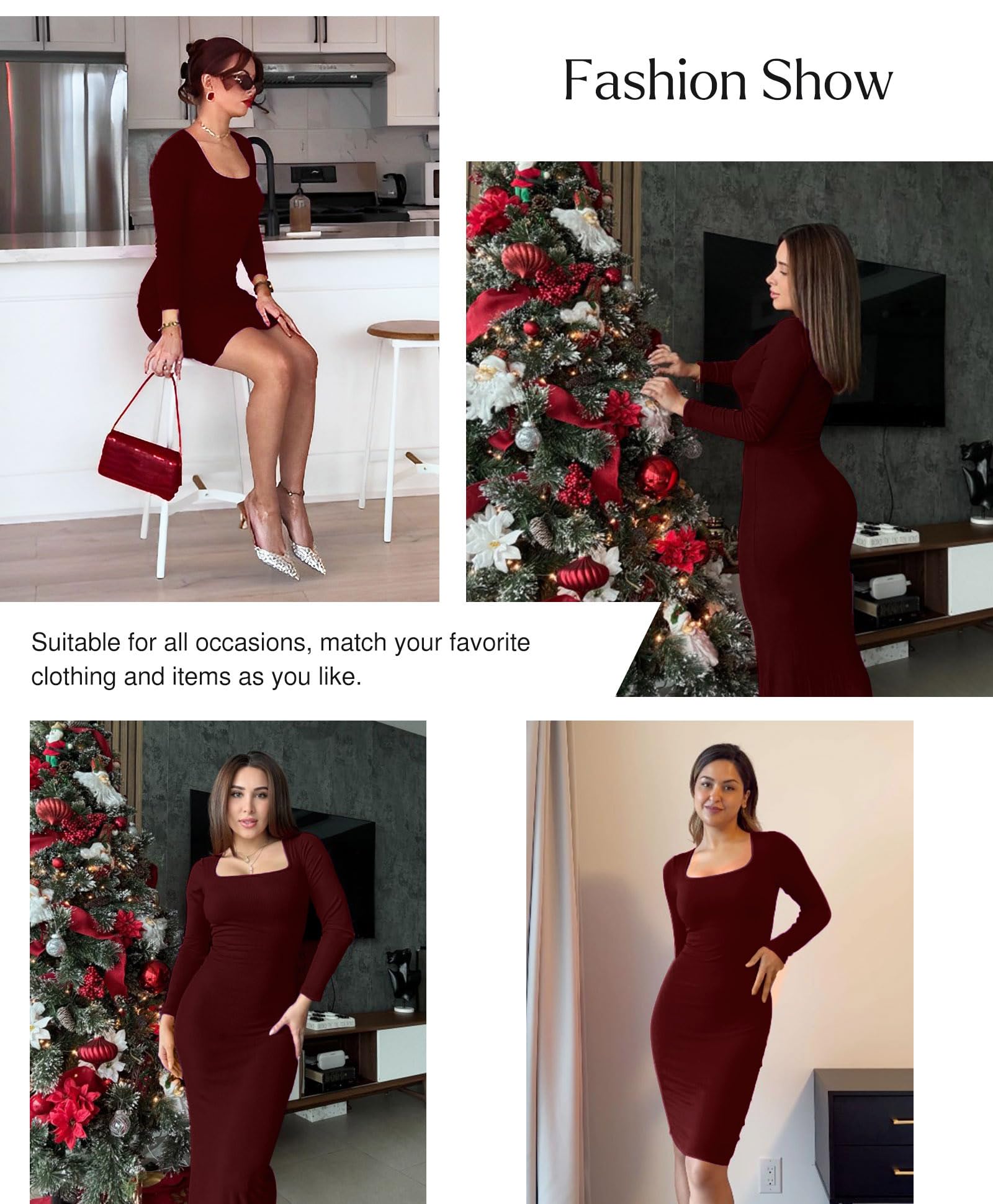 Popilush Long Sleeve Bodycon Dress - Slimming Midi Party Dress with Built-in Bra & Tummy Control Shapewear | Perfect for Cocktail Parties, Date Nights & Special Occasions