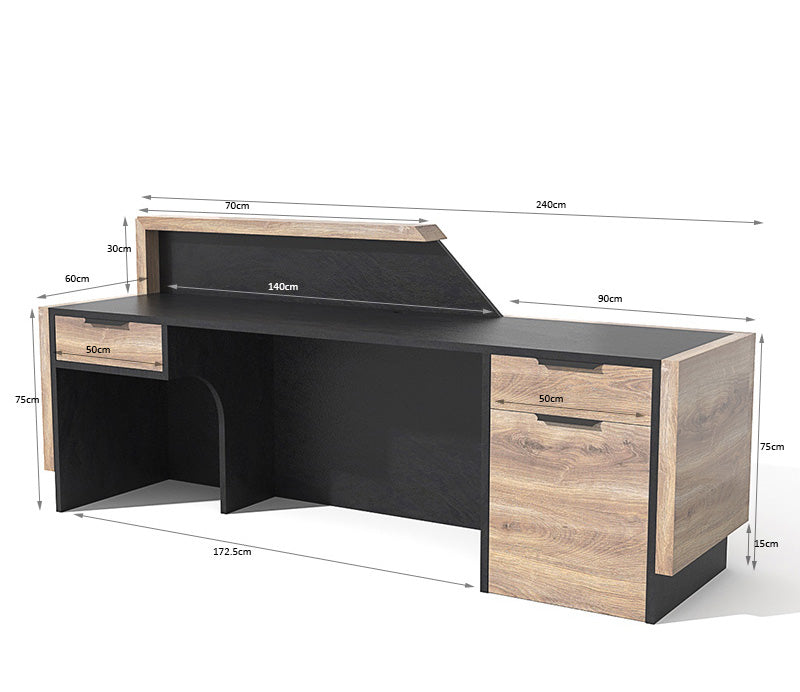CONROY 2.4M Left Panel Reception Desk in Warm Oak & Black - Modern Office Furniture for Corporate Lobby & Hotel Front Desk