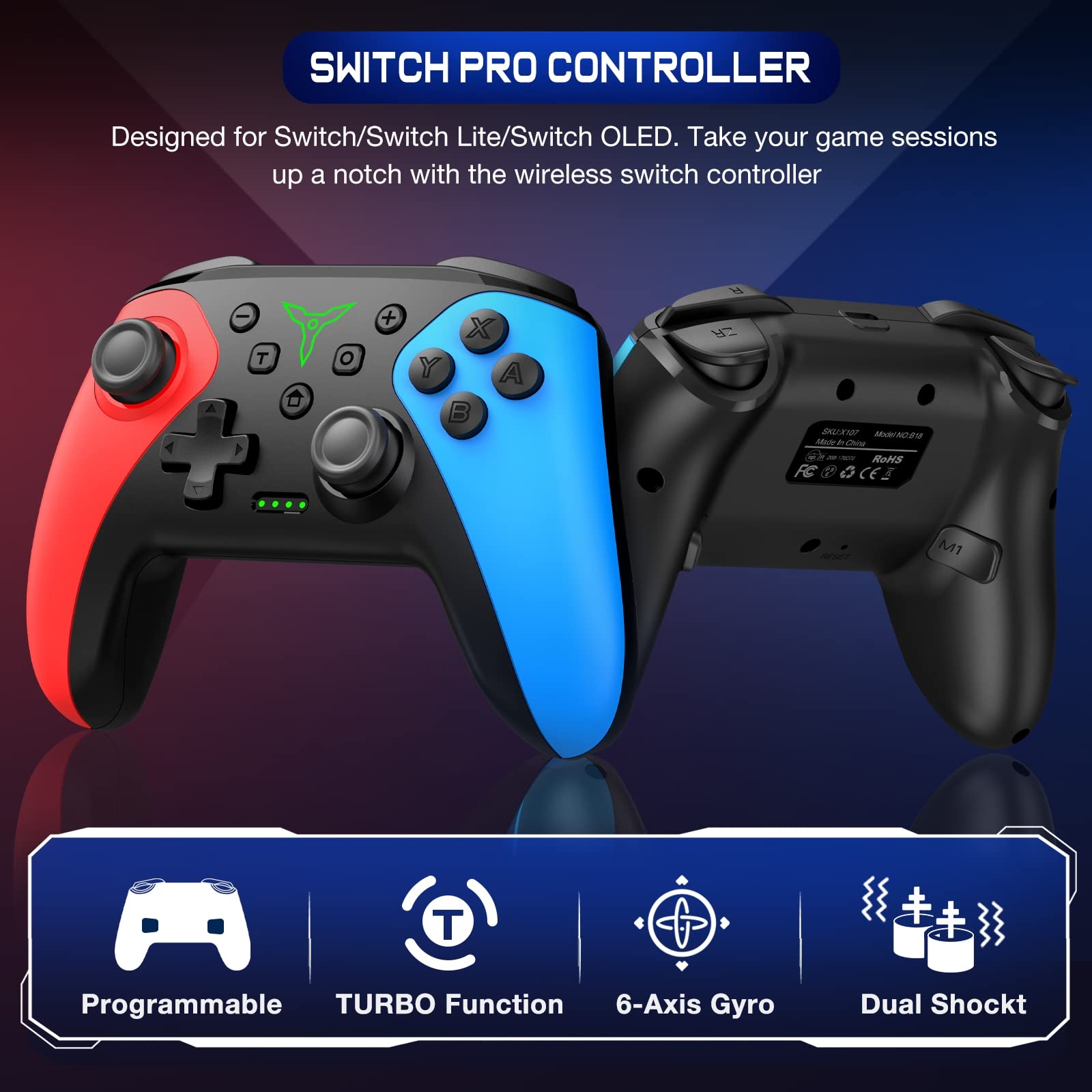 Wireless Pro Controller for Nintendo Switch/Lite/OLED - Programmable Back Buttons with Mouse Touch Feel, Turbo Function & Wake-up Feature | Perfect for Gaming, Travel & Multiplayer Sessions