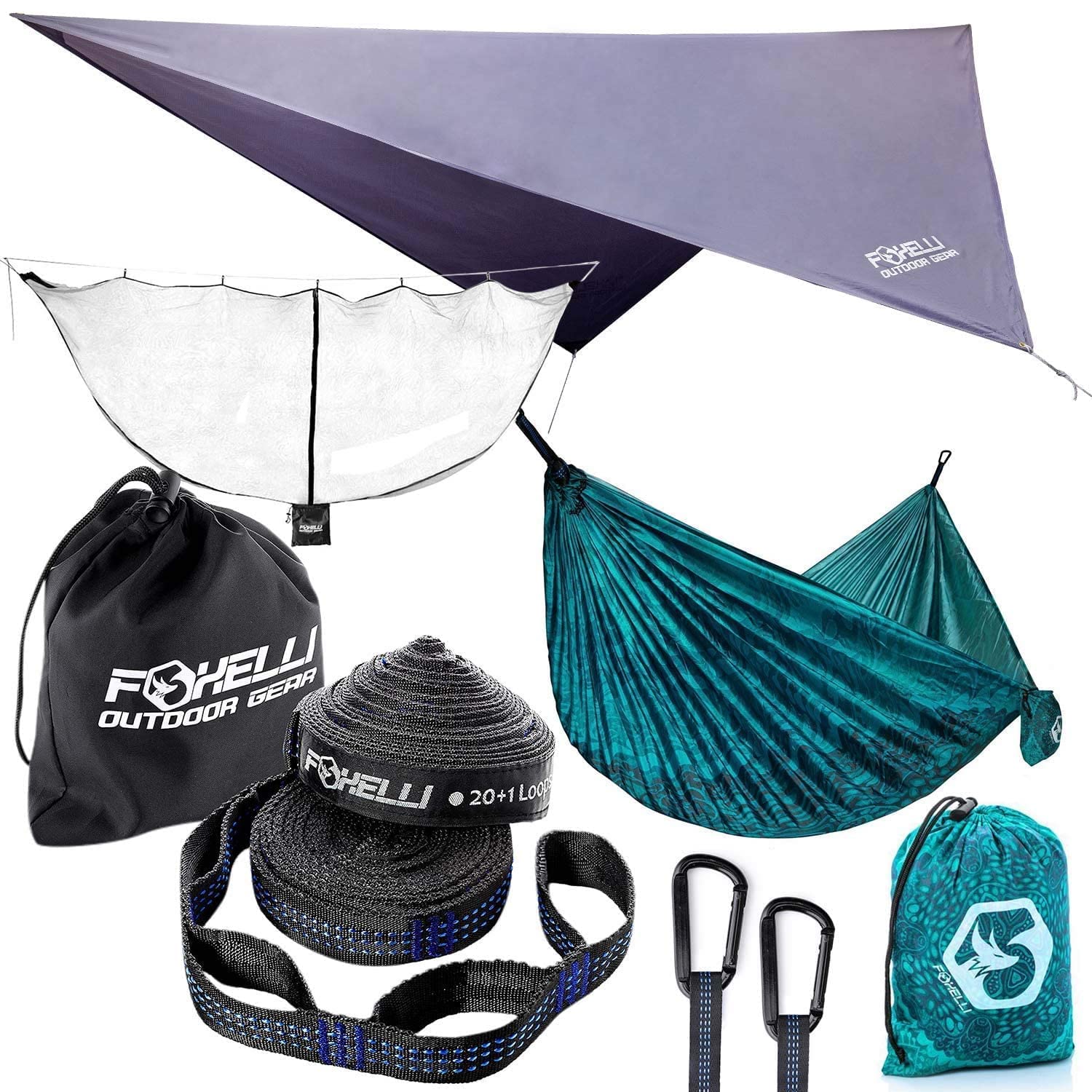 Foxelli Camping Hammock Set - Lightweight Portable Hammock with Rain Fly, XL Tree Straps & Mosquito Net for Backpacking, Hiking, Travel & Outdoor Adventures