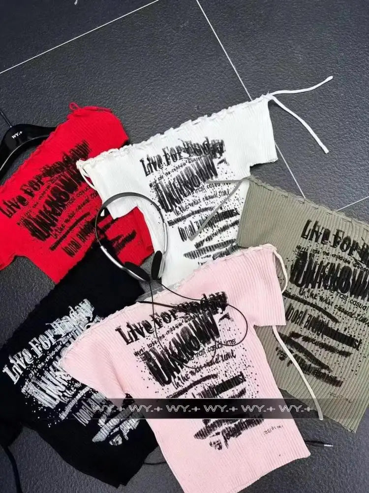 Women's Black Letter Print Short Sleeve Knit T-Shirt - 2024 Summer Red Slim Off-Shoulder Lace-Up Top | Trendy Streetwear for Casual Outings, Beach Vacations & Night Out