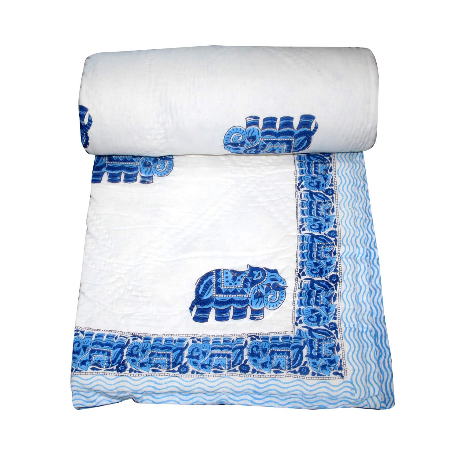 Handmade Indian Elephant Hand Block Print Kantha Quilt - Boho Chic Bedspread for Twin, Queen & King Size Beds (90x108 Inch) - Perfect for Bohemian Bedroom Decor, Guest Rooms & Cozy Home Styling