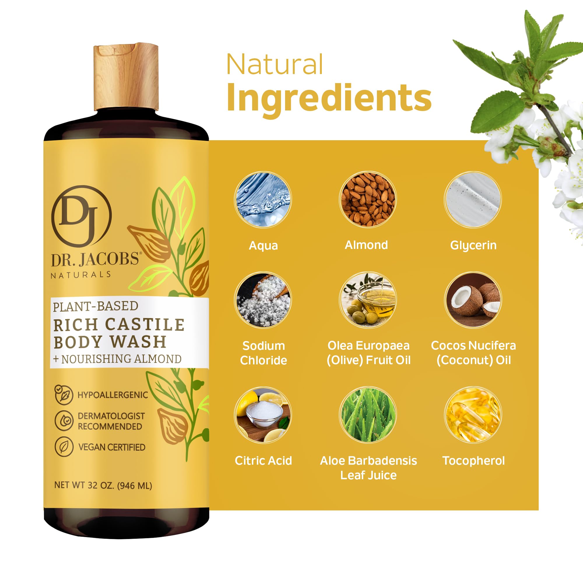 Dr. Jacobs Naturals Pure Castile Liquid Soap - Organic Almond Honey Face & Body Wash for Sensitive Skin, 32oz | Vegan, Cruelty-Free & Chemical-Free | Perfect for Shower, Bath & Hand Washing