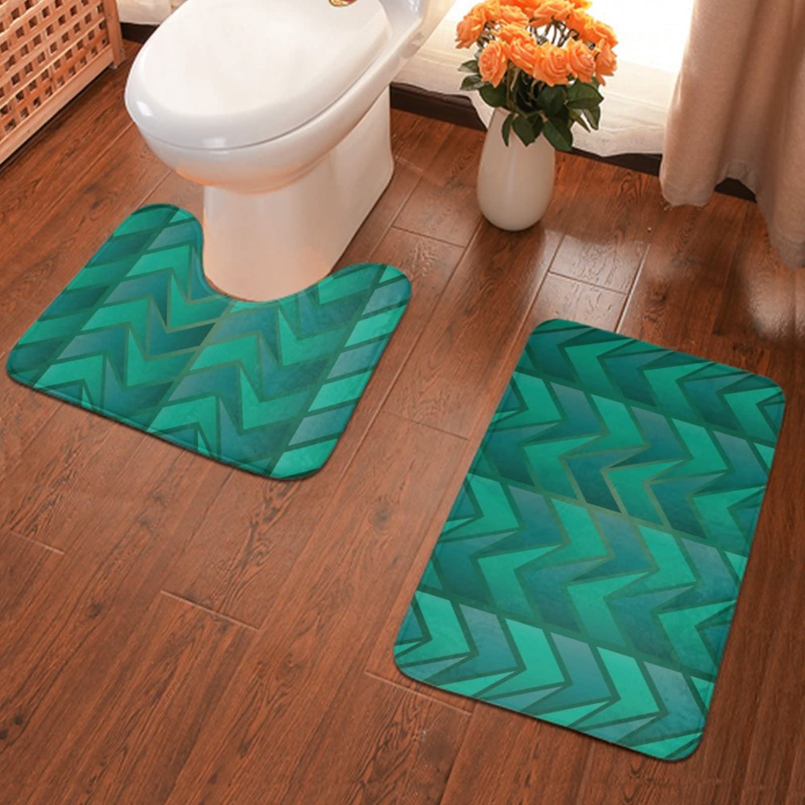 SWEET TANG 2-Piece Memory Foam Bathroom Rug Set - Gradient Green Geometric Pattern, Ultra Soft Shower Mats for Bath & Toilet Floor, Non-Slip U-Shaped Contour Design - Perfect for Teens & Boys Bedroom, Bathroom Decor