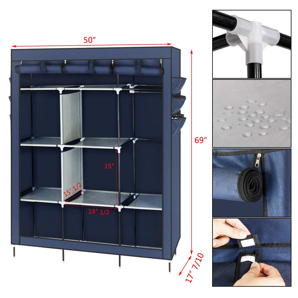 69 Inch Portable Clothes Closet Wardrobe Organizer - Foldable Non-Woven Fabric Storage Cabinet with Metal Frame, Easy Assembly & Extra Durable for Bedroom, Closet, Dorm, RV (Blue) - Perfect for Small Spaces & Seasonal Clothing Storage