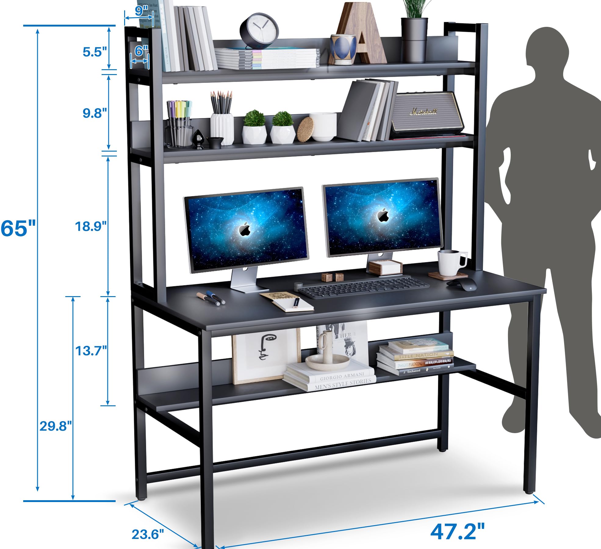Black Computer Desk with Hutch & Bookshelves - 47