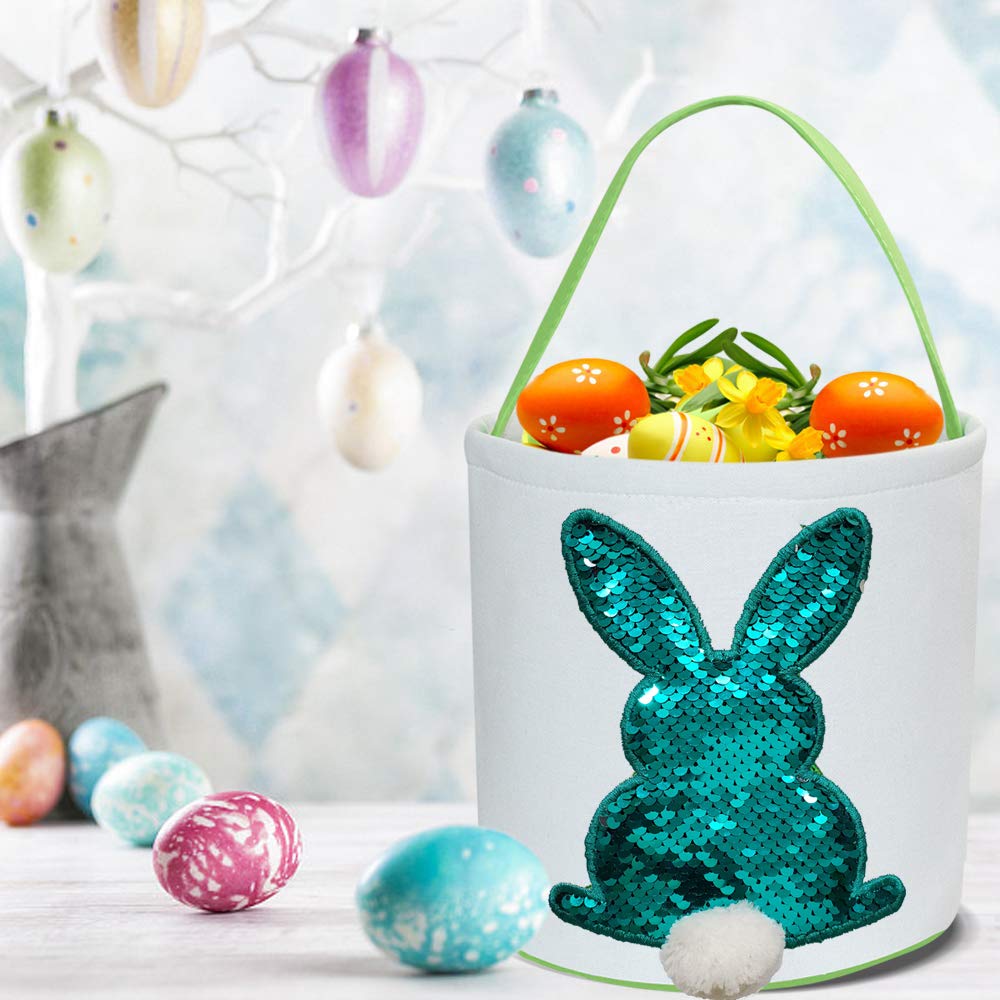 Easter Basket Bags for Kids - Bunny Tote Bucket with Paillette Design for Easter Eggs, Toys, Candy & Gifts | Perfect for Easter Egg Hunts, Party Favors & Holiday Celebrations (Green)