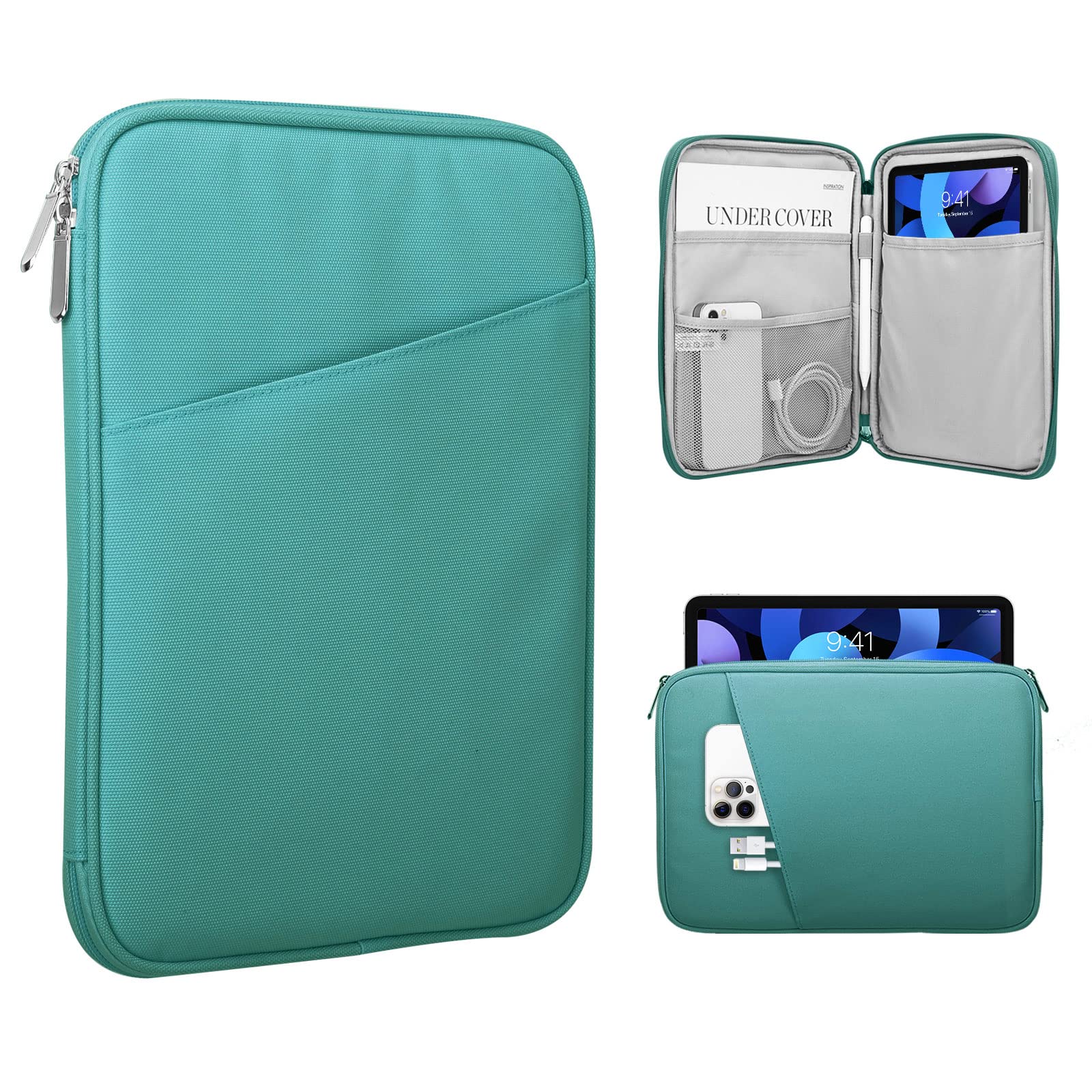 TiMOVO 9-11 Inch Tablet Sleeve Case for iPad 10.2 (2021-2022), iPad Air 10.9, iPad Pro 11 (2018-2022), Samsung Galaxy Tab A8 10.5 - Protective Padded Cover with Front Pocket (Dark Mint Green) - Perfect for School, Work & Travel