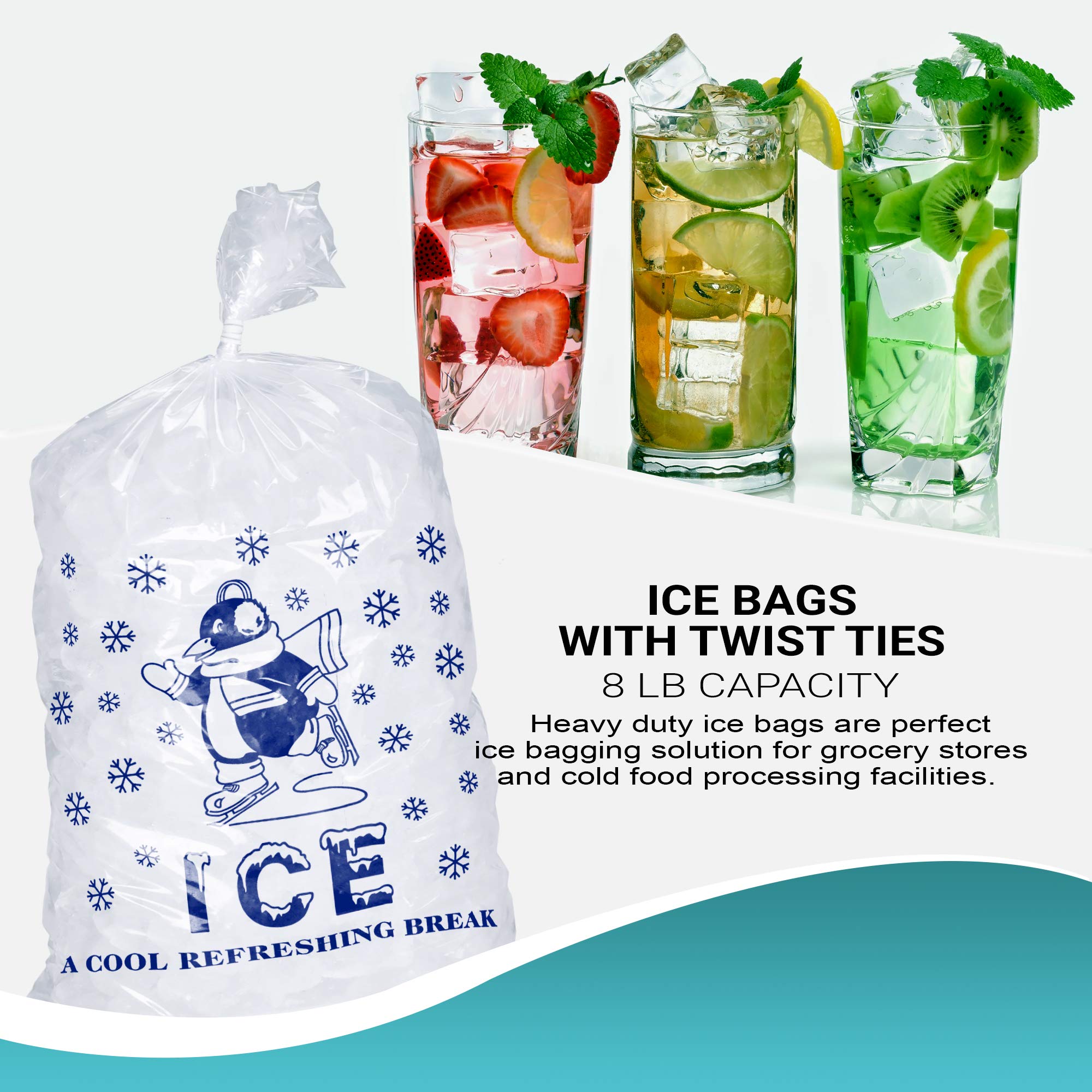 APQ 1000 Pack 11x20 Ice Bags with Twist Ties - 8 lbs Capacity, Food Grade Safe Plastic, Cool Penguin Design - Perfect for Party Drinks, Camping Coolers & Commercial Ice Storage