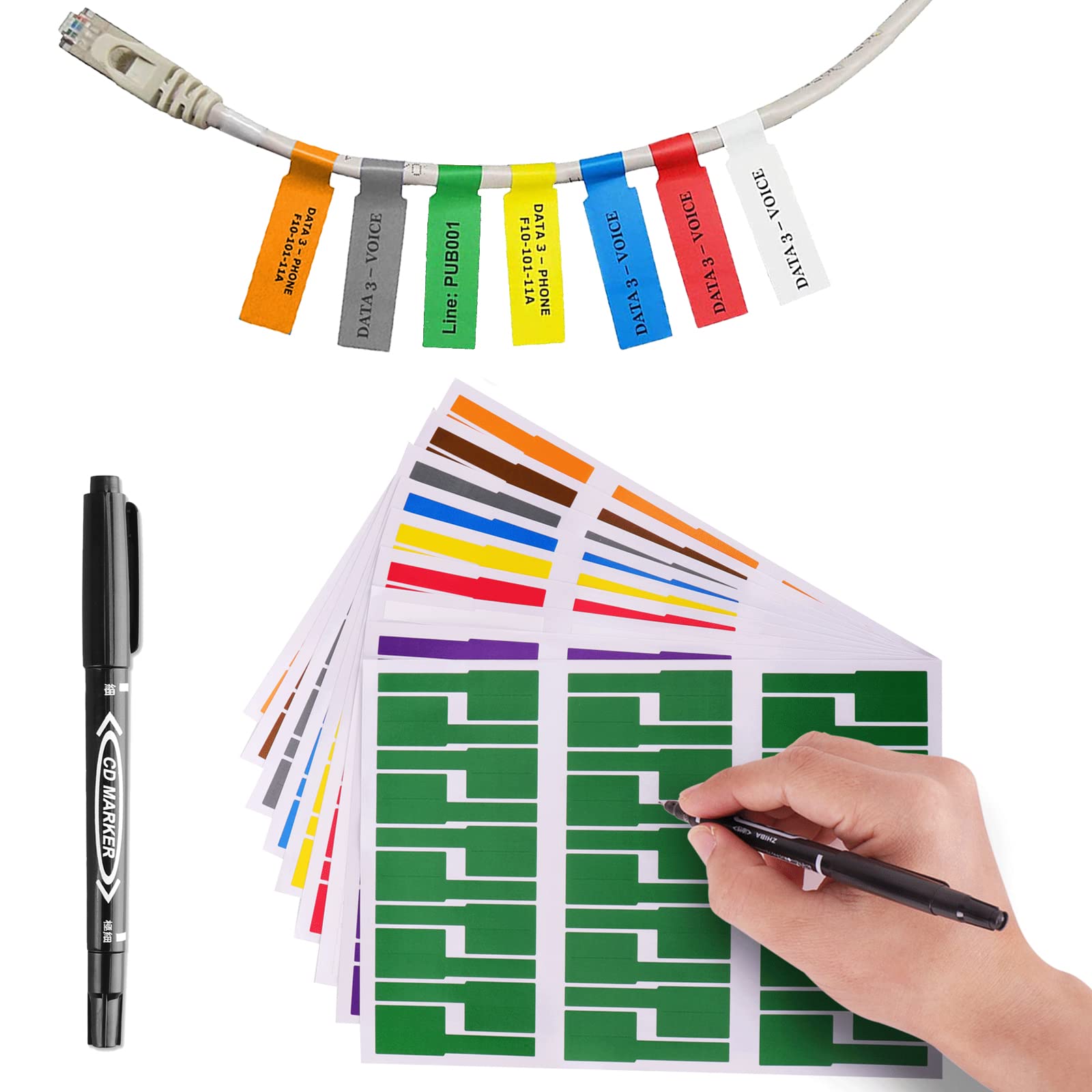 210 Colorful Self-Adhesive Cable Labels with Dual Tip Marker - Printable A4 Sheet for Laser Printers & Handwriting - Perfect for Home Office, Data Centers & Electronics Organization