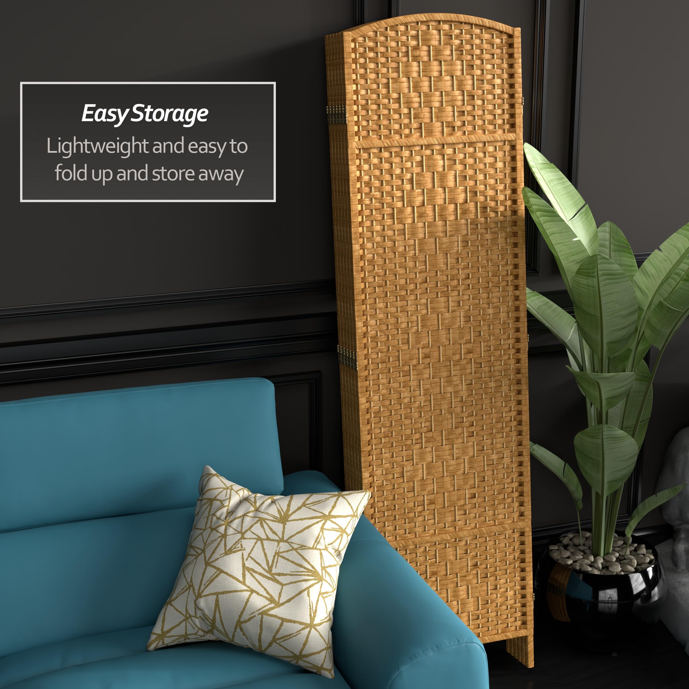 6 ft. Tall Diamond Weave Fiber Room Divider - Light Beige Red Lantern - 6 Panel Folding Privacy Screen for Home, Office, or Outdoor Use