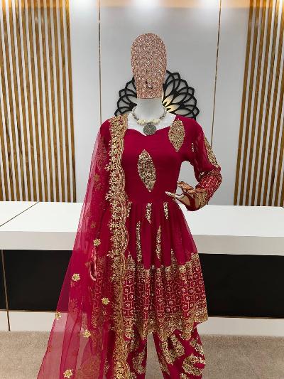 Stylish Magenta & Gold Embroidered Dhoti Salwar Suit for Women | UK Next Day Delivery | Perfect for Weddings, Festivals & Special Occasions