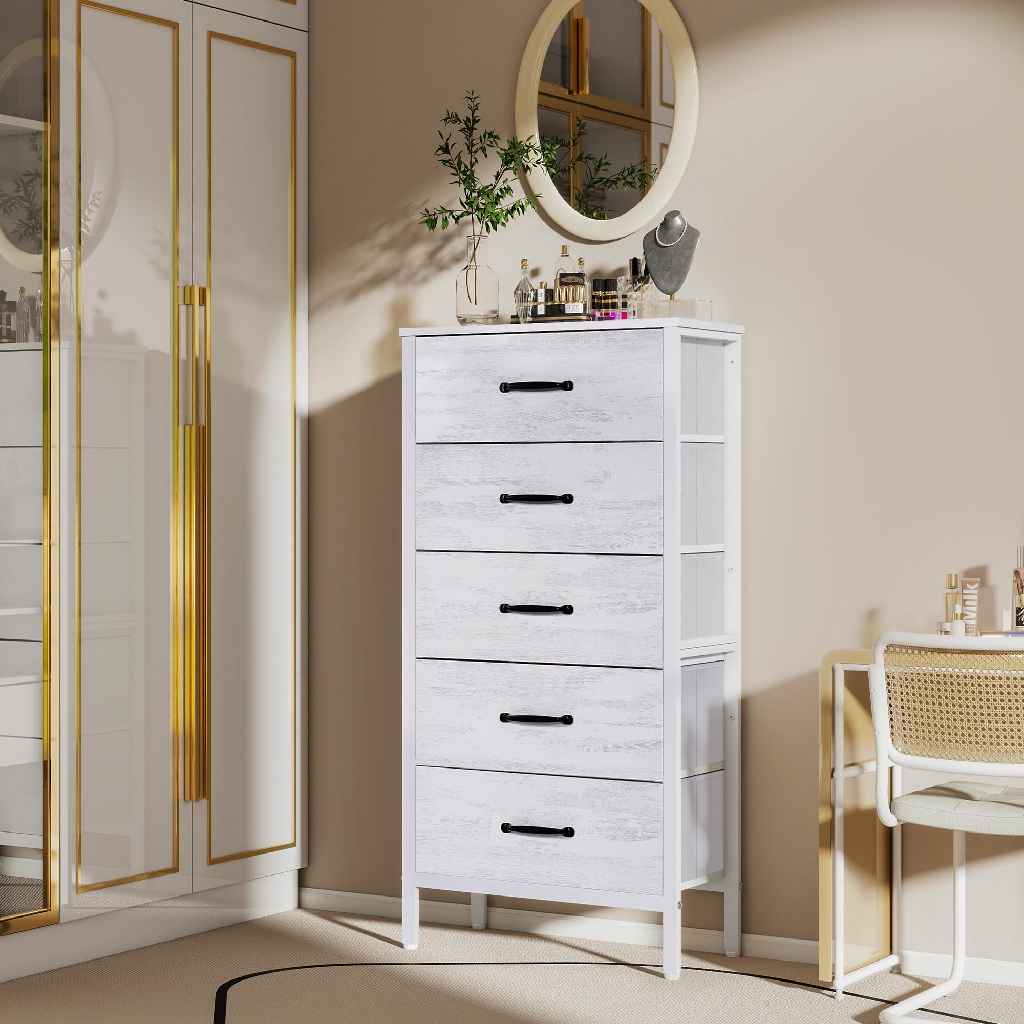 LYNCOHOME White 5-Drawer Fabric Dresser for Bedroom, Tall Storage Chest with Fabric Drawers - Perfect for Bedroom Organization, Coat Closet & Entryway Storage