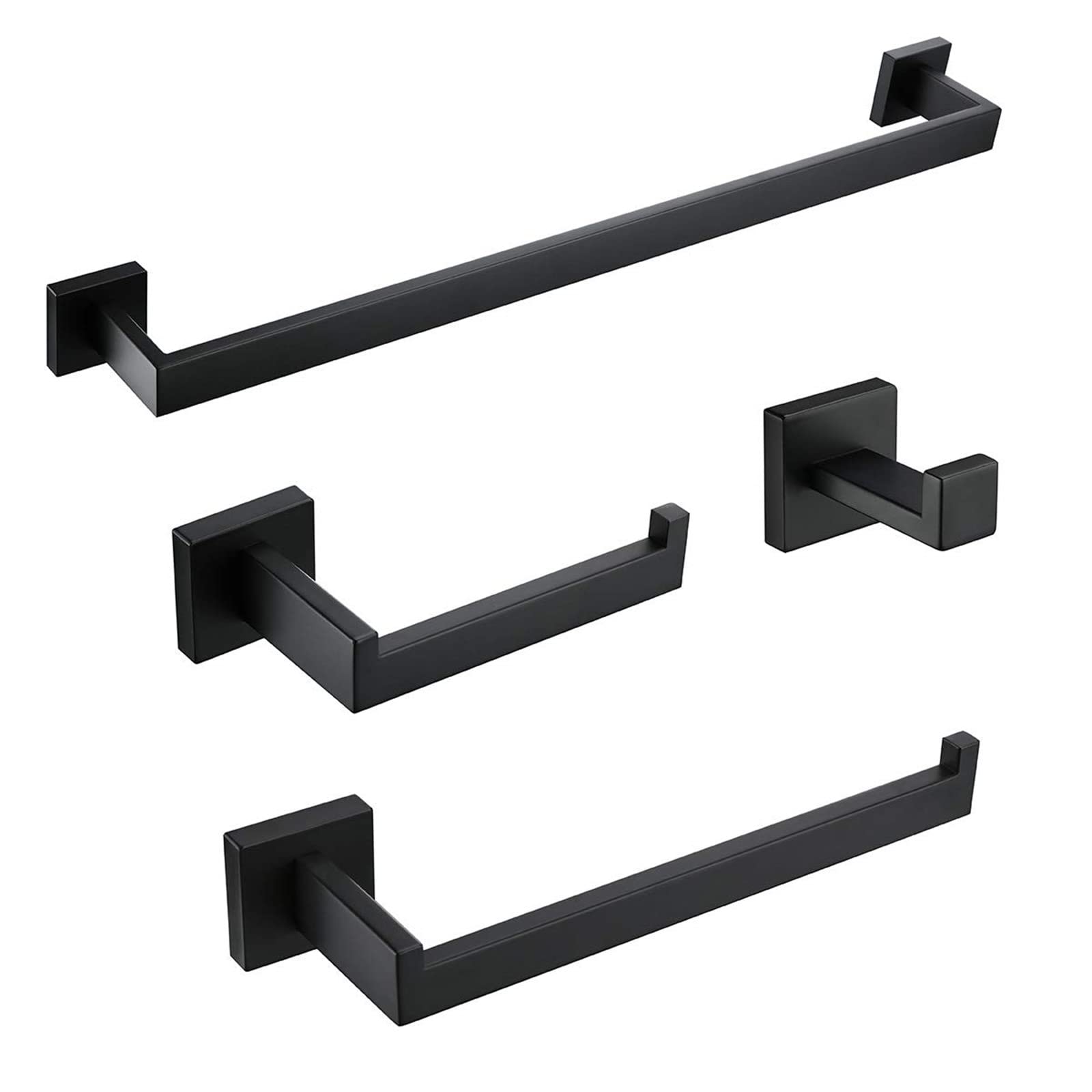 Premium Matte Black Bathroom Accessories Set - 4 Piece Stainless Steel Towel Holder & Wall Mounted Rack - Heavy Duty Square Bathroom Hardware for Modern Homes (Ideal for Bathroom, Spa & Guest Room Decor)