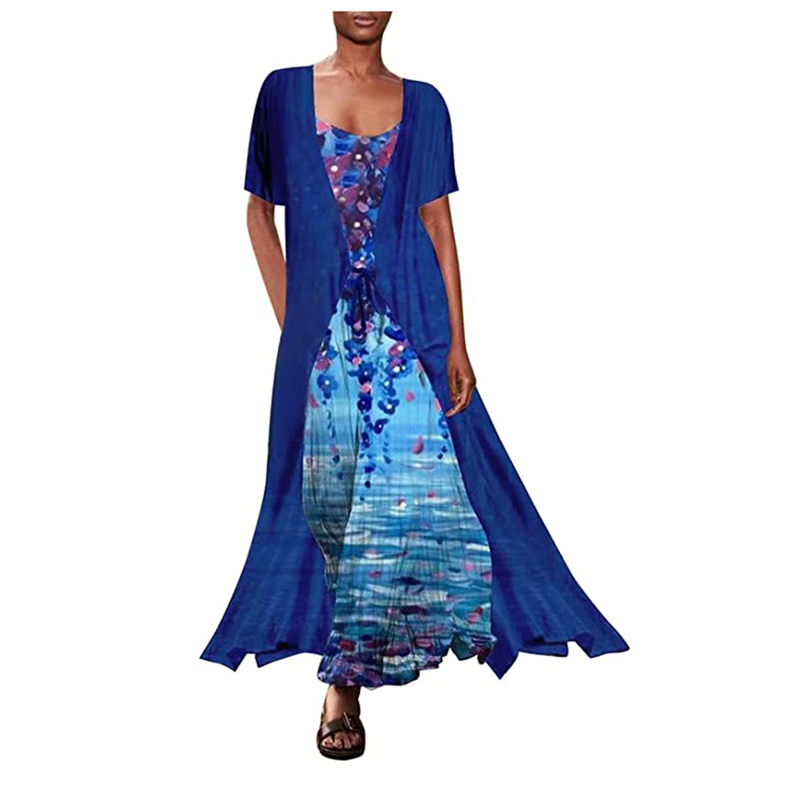FAVIPT Women's Floral Two-Piece Dress Set - Chiffon Long Cardigan & Sleeveless O-Neck Dress for Summer, Wedding Guest, and Special Occasions | Elegant Outfit for Parties, Date Nights, and Beach Vacations