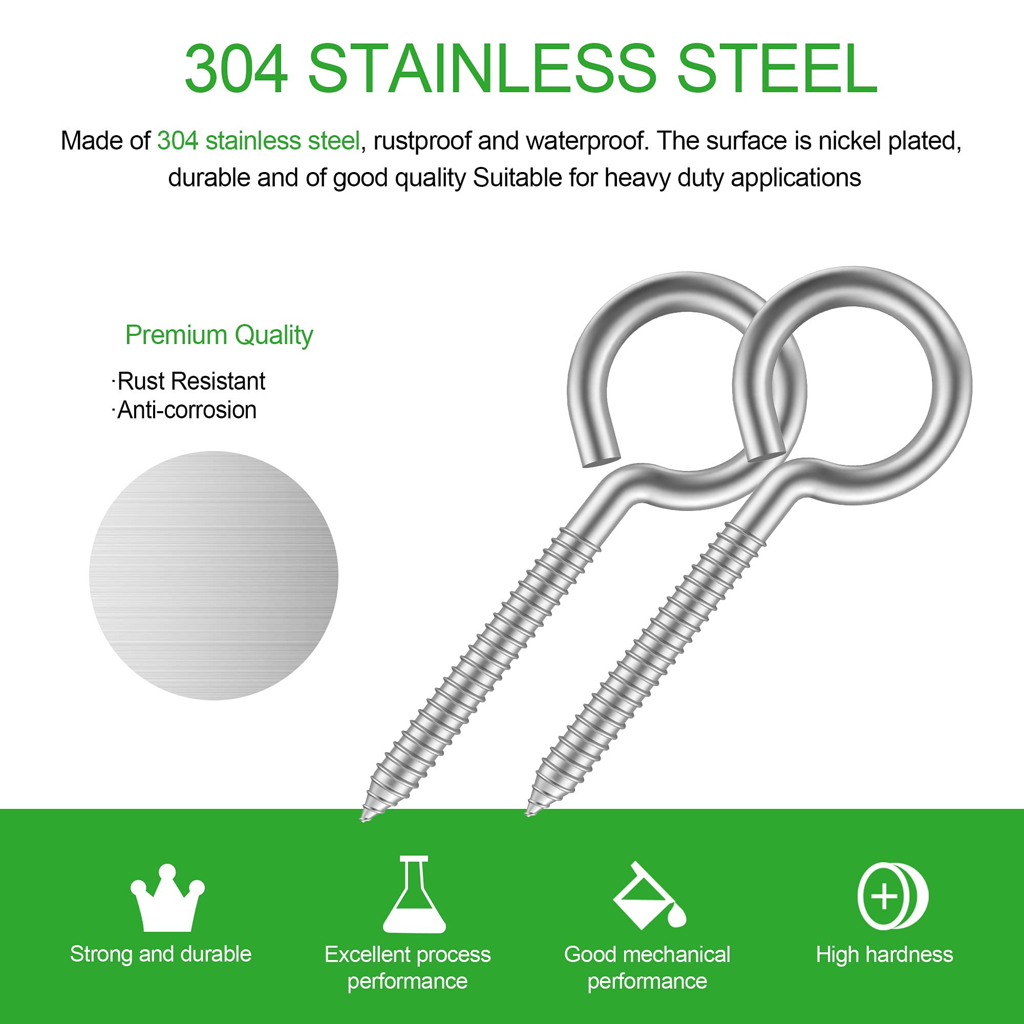 **Heavy Duty 304 Stainless Steel Screw Eye Hooks (26 Pack) - 1/4