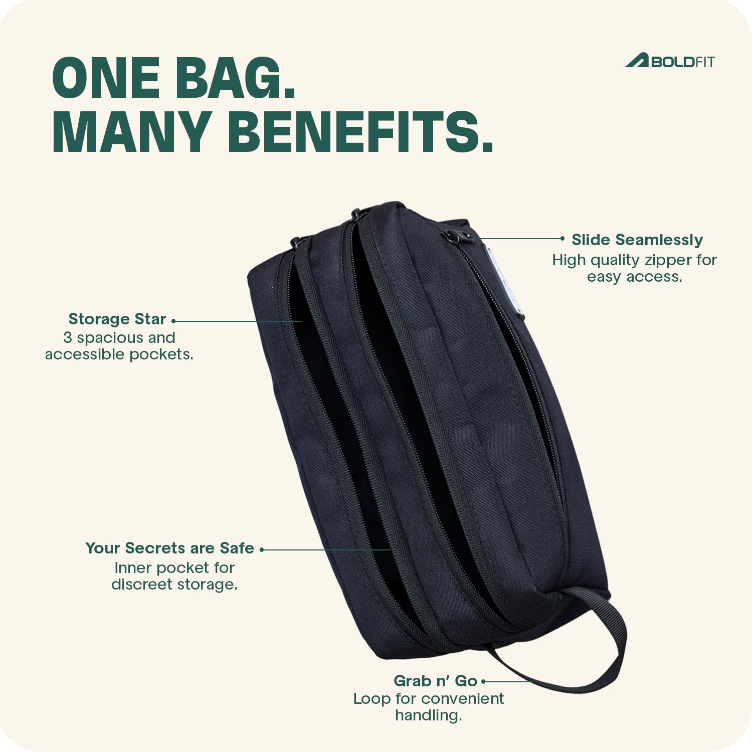 Boldfit Polyester Travel Toiletry Bag for Men & Women - Waterproof Makeup Pouch & Essential Organizer (18cm Width, Black) - Perfect for Gym, Camping & Business Trips