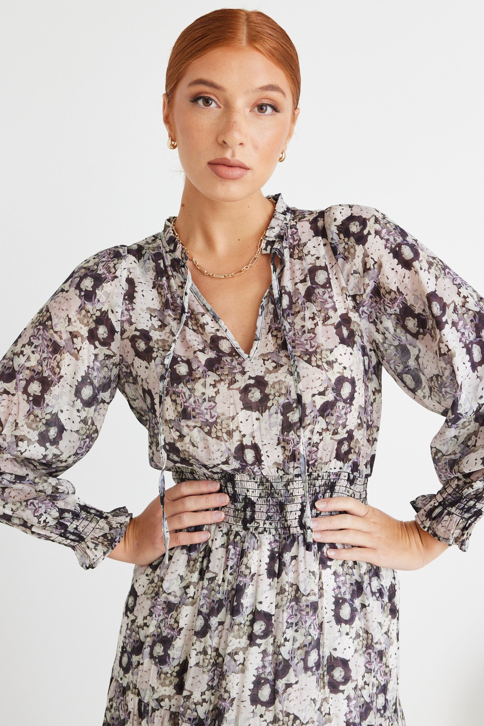 Charlie Lilac Garden Long Sleeve V-Neck Tiered Maxi Dress for Women - Elegant Floral Print Summer Dress for Beach, Wedding & Party