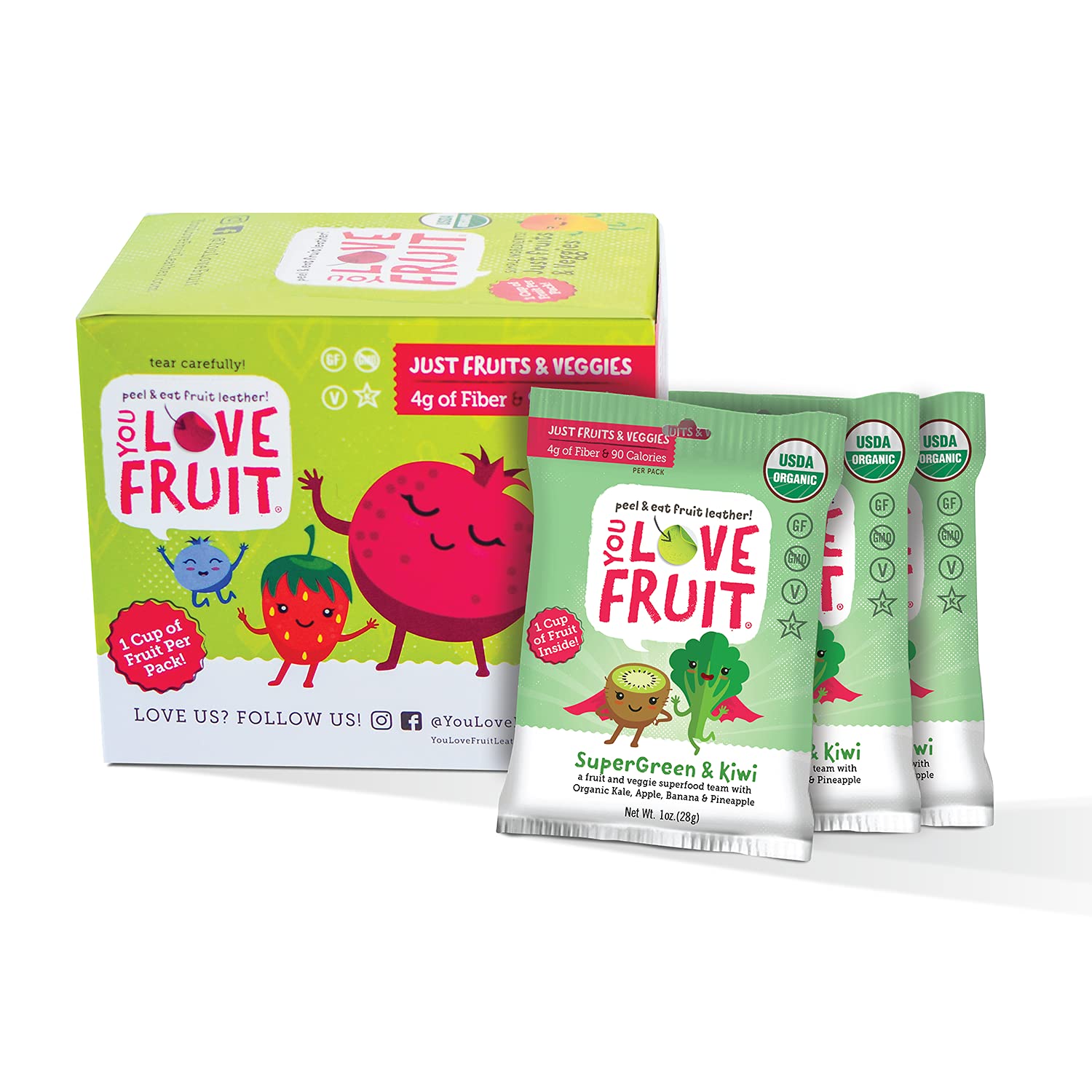 SuperGreen & Kiwi All Natural Fruit Snacks - Healthy Vegan Snack Pack, Gluten Free, Non-GMO, Kosher, Low Fat, High Fiber, Real Fruit Variety Pack (1.0 oz, 12 Pack) - Perfect for Lunchboxes, Office Snacks & Gift Baskets