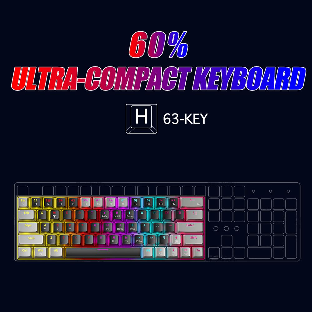 Abucow 60% Wired Mechanical Gaming Keyboard with RGB Backlight & Hot-Swappable Switches - 61-Key Compact Design with Pudding Keycaps for PC/Mac (Black-Gray) - Perfect for Esports, Office Work & Typing Enthusiasts