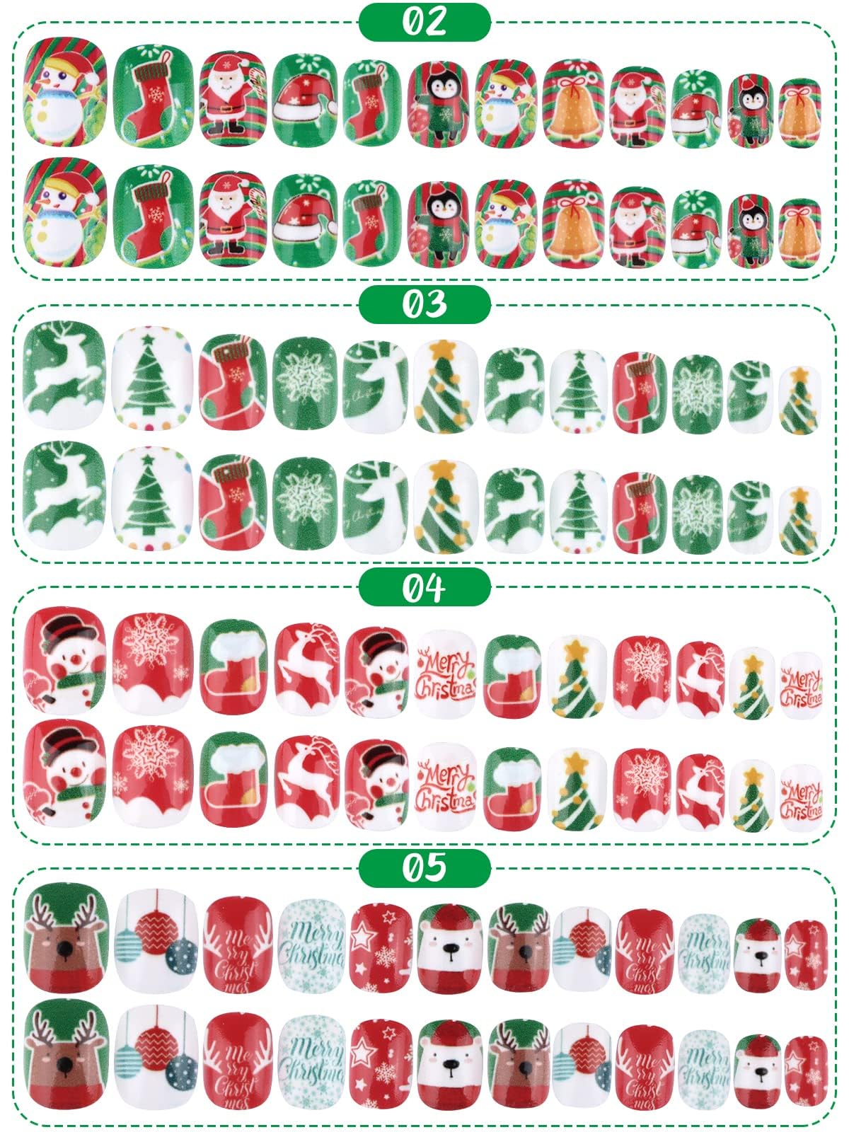 EBANKU 6 Packs Christmas Press on Nails for Kids - Short False Fingernails with 3D Santa Claus Snowman & Christmas Tree Designs - Perfect for Girls Holiday Parties, School Events & Family Gatherings