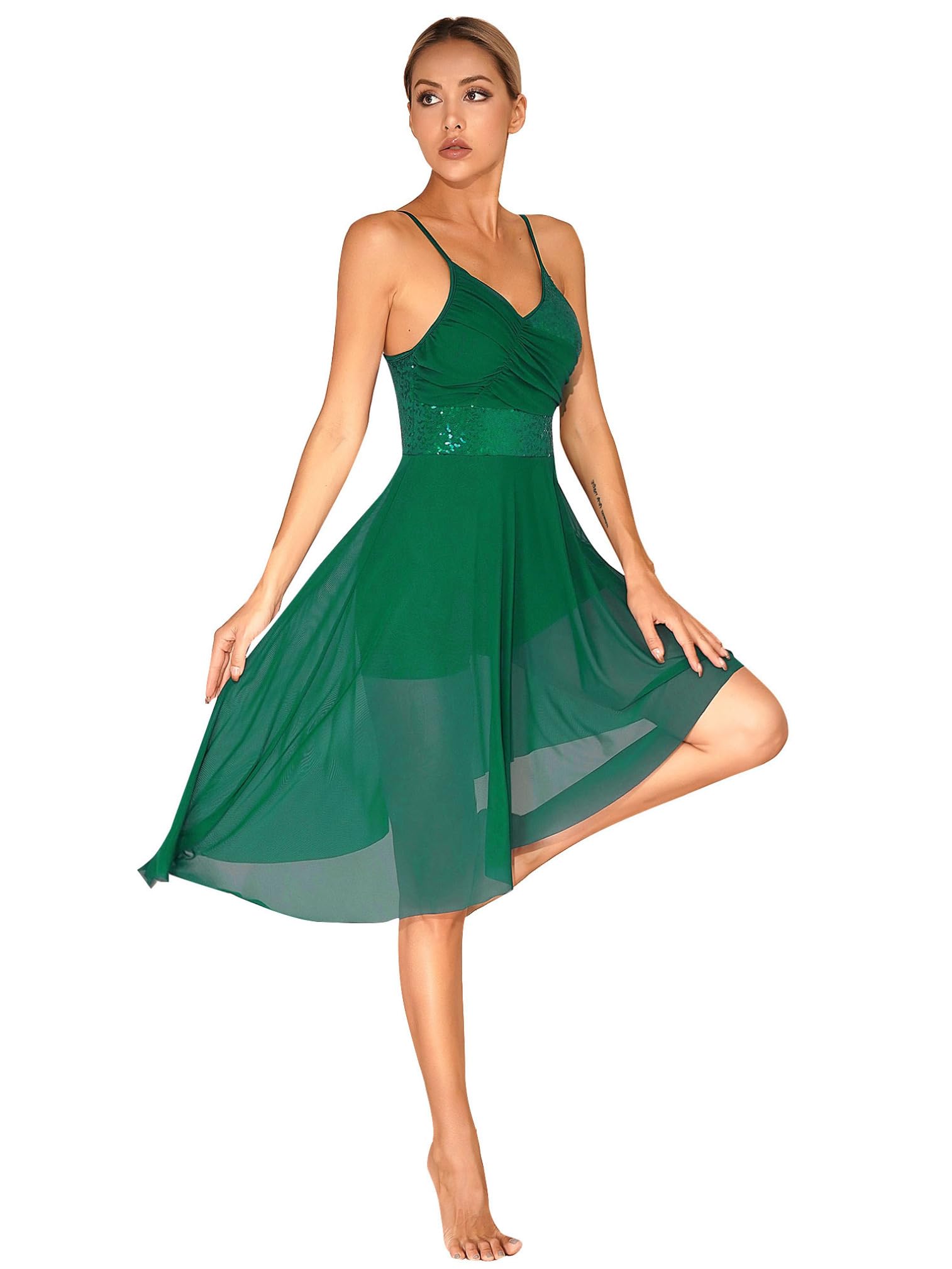Women's Shiny Sequins Lyrical Dance Dress - Contemporary Mesh Spaghetti Strap Tulle Skirt Dancewear for Performances & Competitions