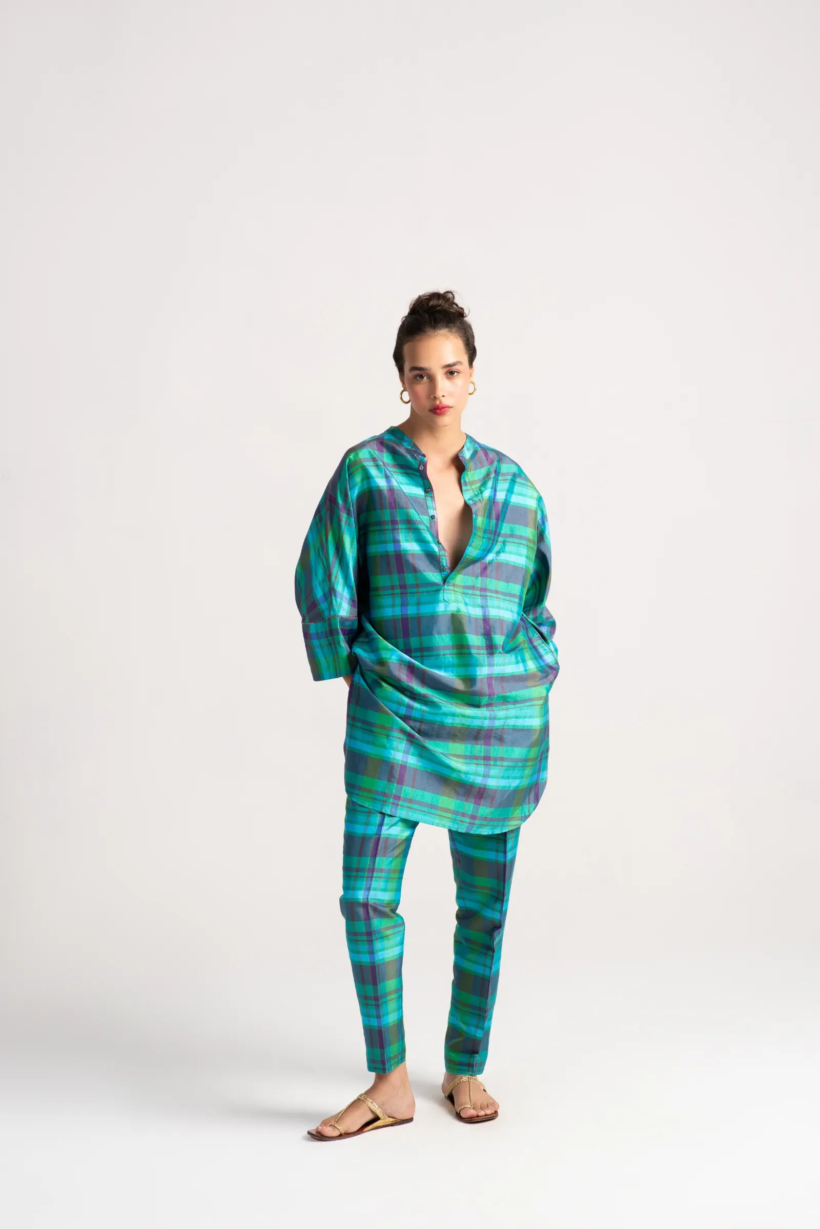 Elegant Noor Kurta Silk Dupioni Check Aqua Top - Perfect for Festivals, Weddings & Special Occasions