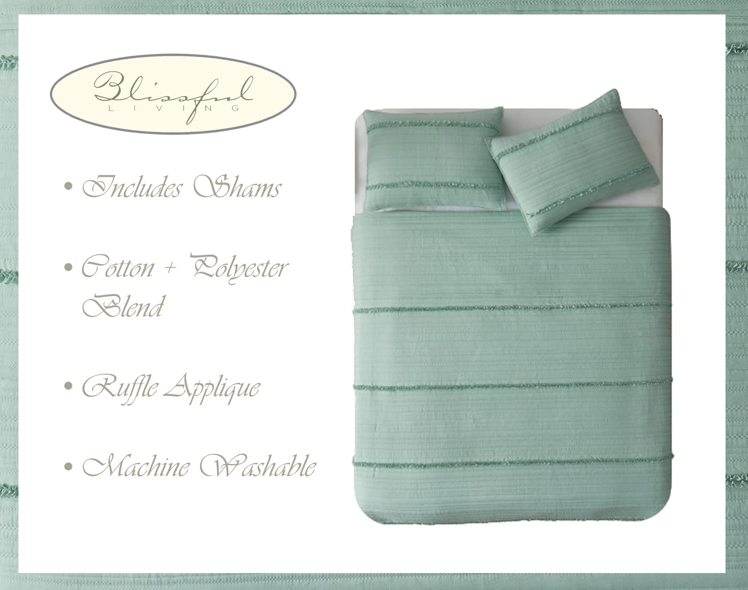 Blissful Living Luxury Ruffle Quilt Set with Shams - Ultra Soft Lightweight Bedding for All Seasons | Twin, Full/Queen & King Size Options (Silt Green) | Perfect for Master Bedrooms, Guest Rooms & Cozy Home Decor
