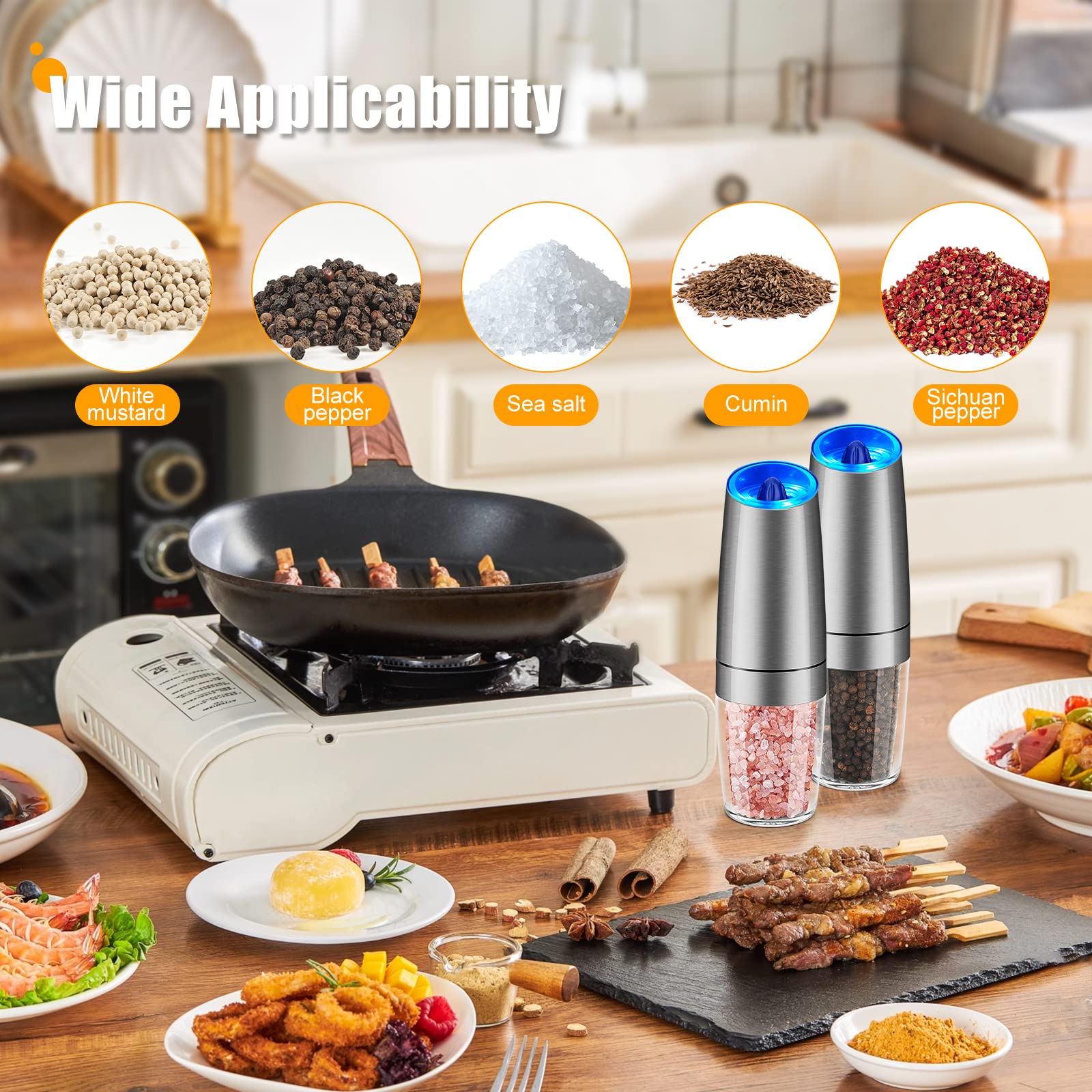 Electric Salt and Pepper Grinder Set - Battery Powered Automatic Mill with Adjustable Coarseness & LED Light, One-Hand Operation, Stainless Steel - Perfect for Kitchen, Dining Table, and Outdoor Cooking