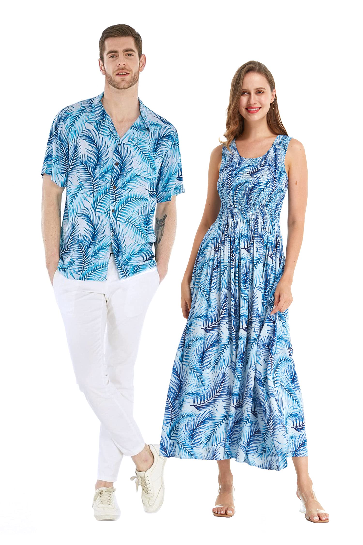 Matchable Couple Hawaiian Luau Shirt & Maxi Tank Dress Set - Simply Blue Leaf Tropical Print - Perfect for Beach Vacations, Summer Parties & Luau Themed Events