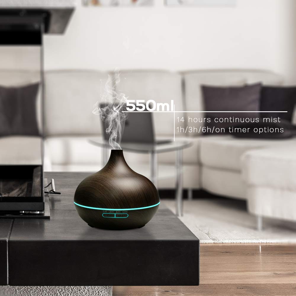 550ML Remote Control Essential Oil Diffuser - Aromatherapy Ultrasonic Cool Mist Humidifier with Auto Shut-Off & Timer for Home, Office, Yoga Studio - Dark Wood Finish for Relaxation & Better Sleep