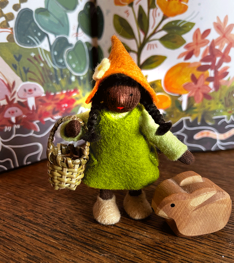 Dark Skin Little Girl Gnome with Basket - Waldorf Inspired Felt Doll for Kids Room Decor, Nursery Gift & Waldorf Education Play
