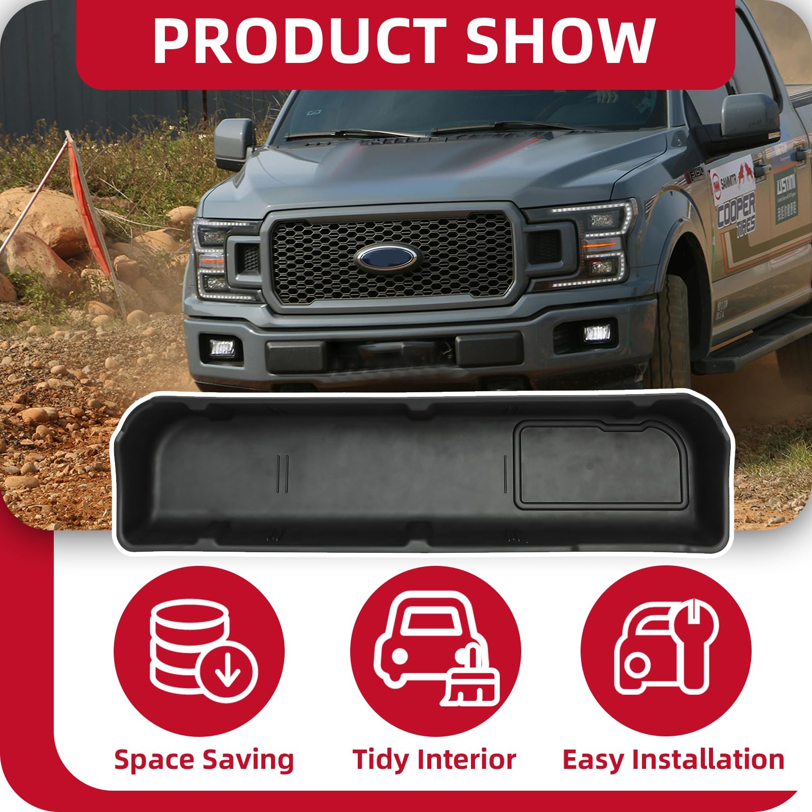 HECASA Under Seat Storage Box for 2009-2014 Ford F150 Supercrew & Crew Cab | Black Truck Organizer | No Subwoofer Required | Perfect for Tools, Emergency Kits & Road Trip Essentials