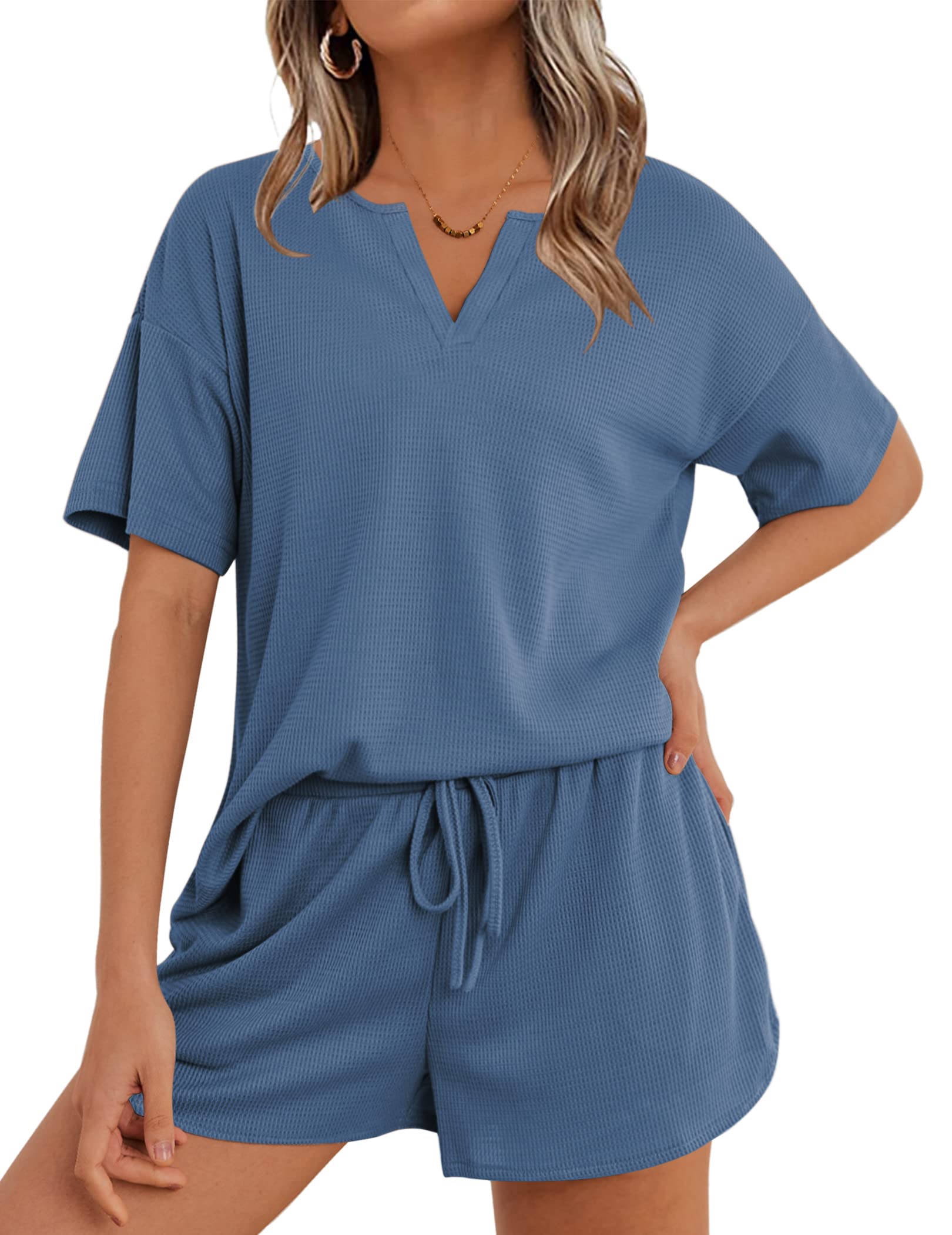 Ekouaer Women's Waffle Knit Lounge Set - 2 Piece Short Sleeve Top & Shorts Pajama Set, Comfy Tracksuit Sweatsuit for Home, Sleep & Relaxation | Soft Casual Outfit for Lounging & Yoga