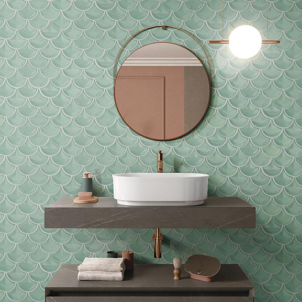 Marina Sky Blue Fish Scale Gloss Mosaic Tile - Premium Ceramic Wall & Floor Tiles for Bathroom, Kitchen Backsplash, and Pool Decor