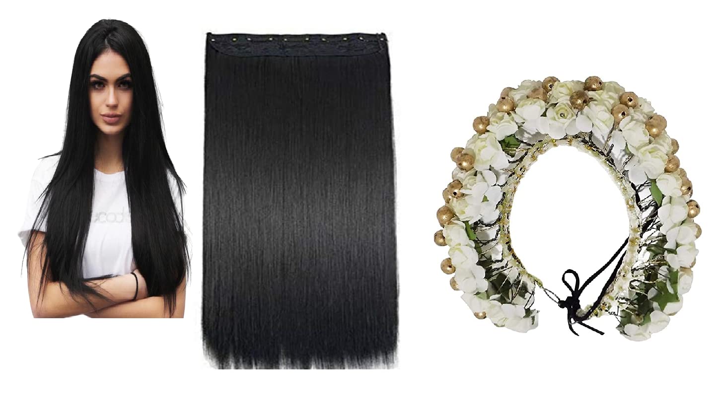 INAAYA 5 Clip Straight Hair Extensions for Women - Natural Black Clip-In Hair Extensions to Add Volume & Length to Short Hair - Perfect for Daily Styling, Parties & Special Occasions