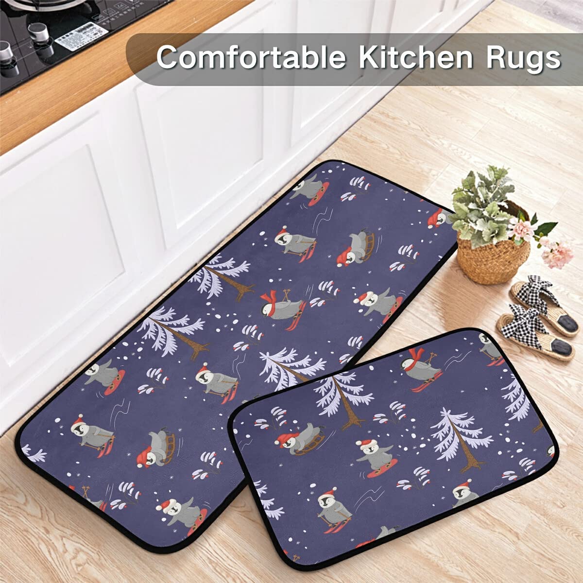 Cute Penguins Non-Slip Kitchen Rugs Set of 2 - Washable Christmas Skiers Design Runner Mats for Kitchen Floor, Home Sink, Laundry & Office - Perfect for Holiday Decor & Winter Home Safety