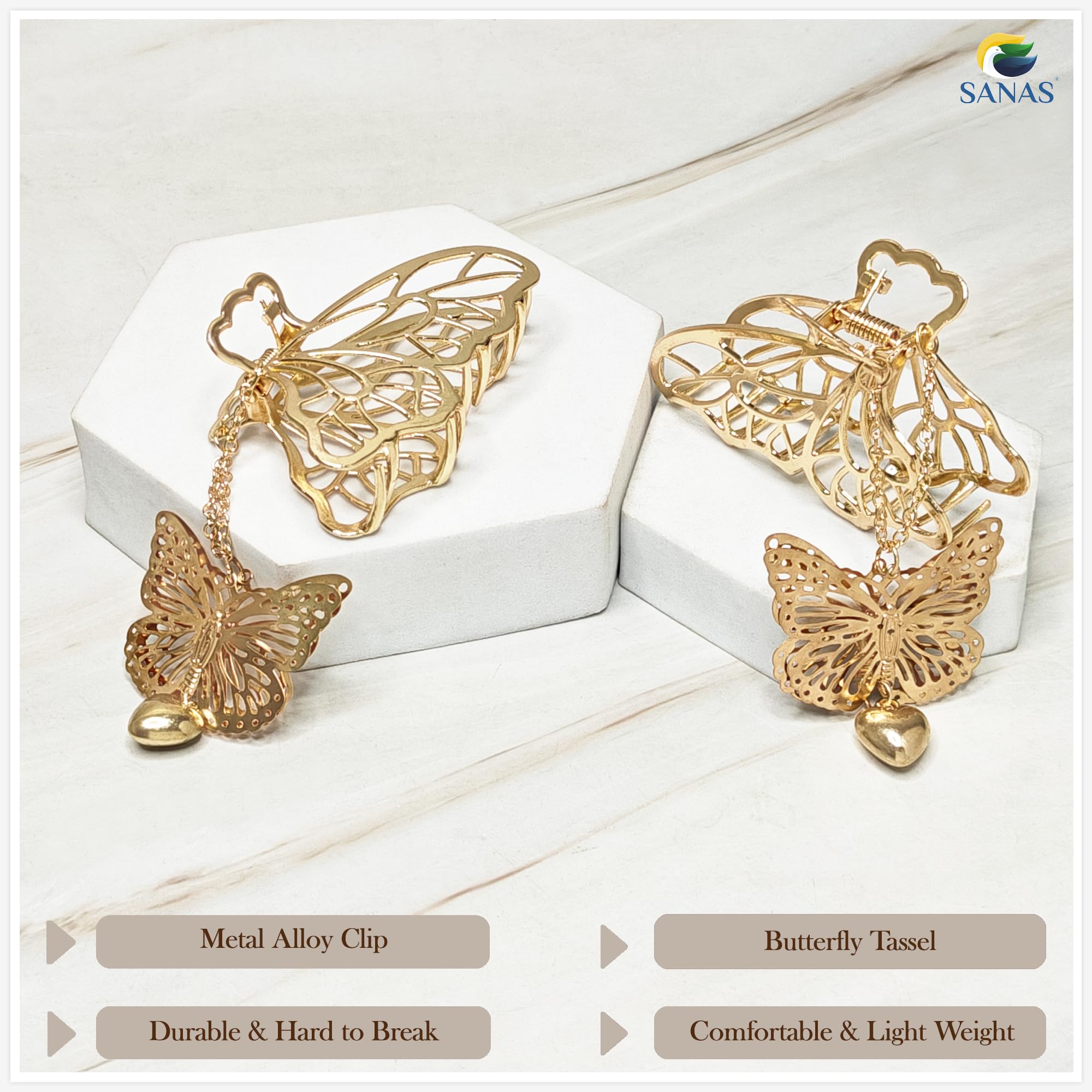 Sanas 2-Piece Pearl & Tassel Hair Clips for Women - Gold Metal Claw Clips, Butterfly Hair Clutchers - Elegant Hair Accessories for Girls & Women | Perfect for Parties, Weddings & Everyday Styling