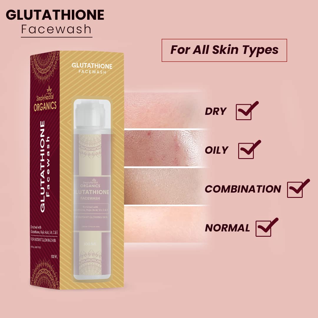 Simply Herbal Glutathione Face Wash with Vitamin C & E, Kojic Acid - Brightening, Oil Control & Hydrating Cleanser for Pigmentation & Tan Removal (100ml) | Perfect for Daily Skincare Routine & Achieving Glowing Skin