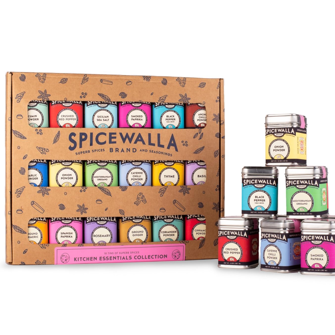 Spicewalla 18-Piece Essential Spices & Seasonings Variety Set | Garlic, Onion, Paprika, Crushed Red Pepper, Oregano & More | Premium Kitchen Cooking Spice Collection | Perfect for Home Chefs, Apartment Cooking & Housewarming Gifts | Ideal for Meal Prep, BBQ, Baking & Everyday Recipes