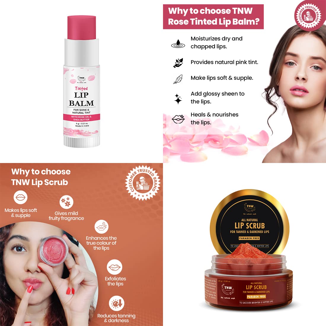 TNW The Natural Wash Lip Care Combo - Rose Tinted Lip Balm (6g) & Lip Scrub (25g) for Soft, Moisturized Lips | Exfoliates Darkened Lips, Adds Glossy Sheen | Perfect for Daily Hydration, Night Care & Makeup Prep