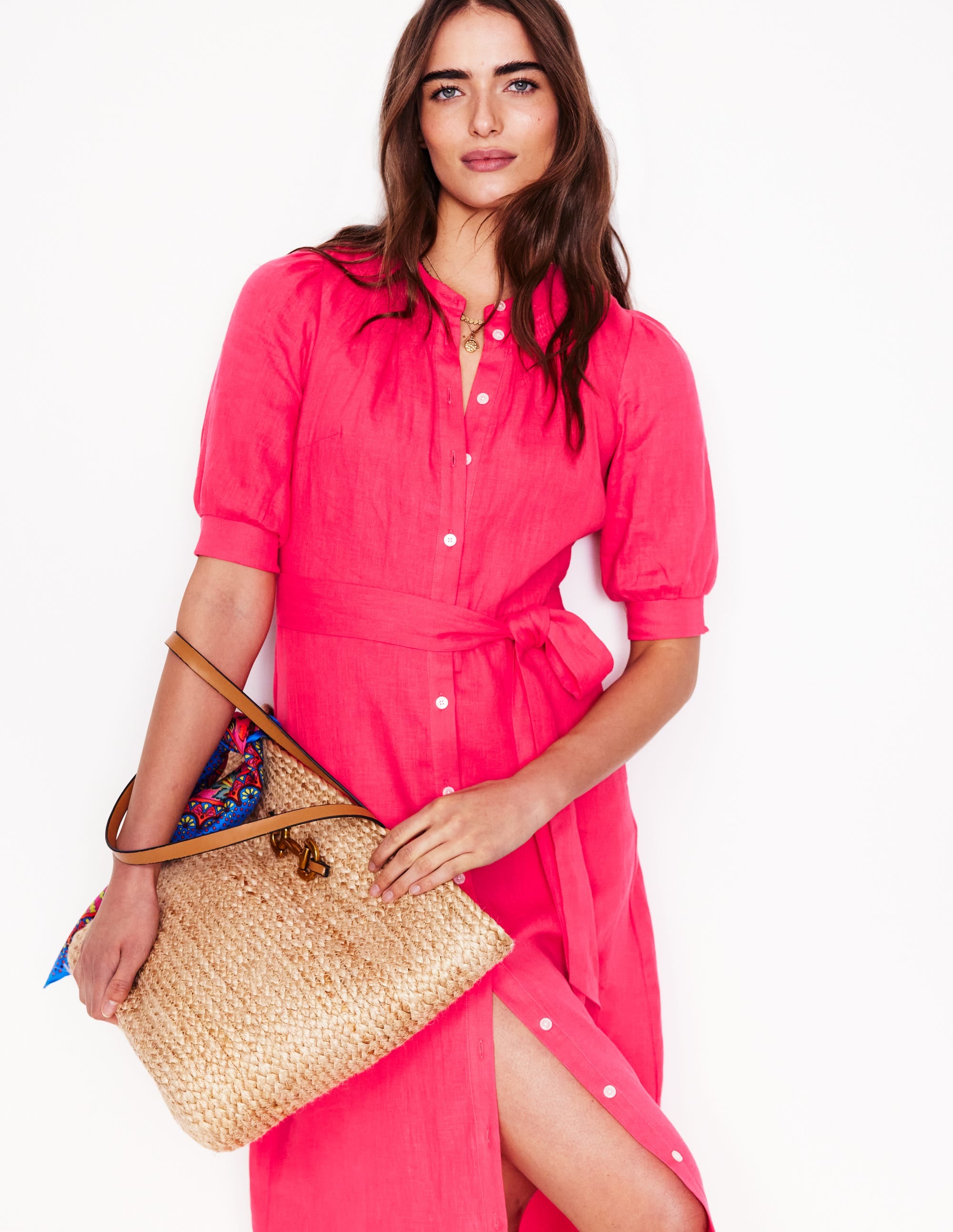 Ada Linen Midi Dress for Women - Flowy Camellia Pink Summer Dress with Short Sleeves - Perfect for Beach Vacations, Garden Parties & Casual Outings