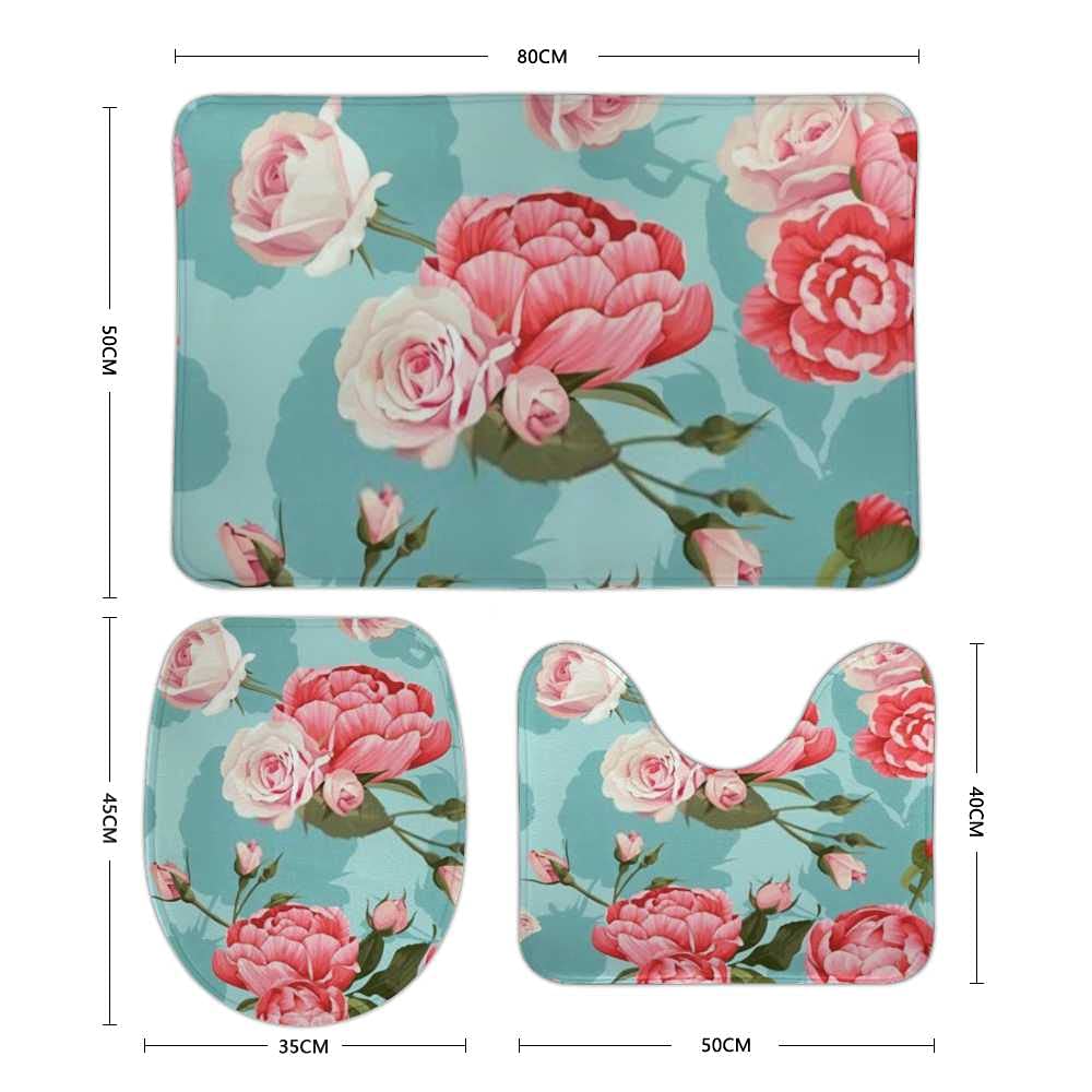 Hapuxt 3-Piece Bath Rug Set - Non-Slip Absorbent Bath Mats with Peony Rose Design, Toilet Lid Cover & U-Shaped Contour Rug - Machine Washable for Bathroom Safety & Comfort