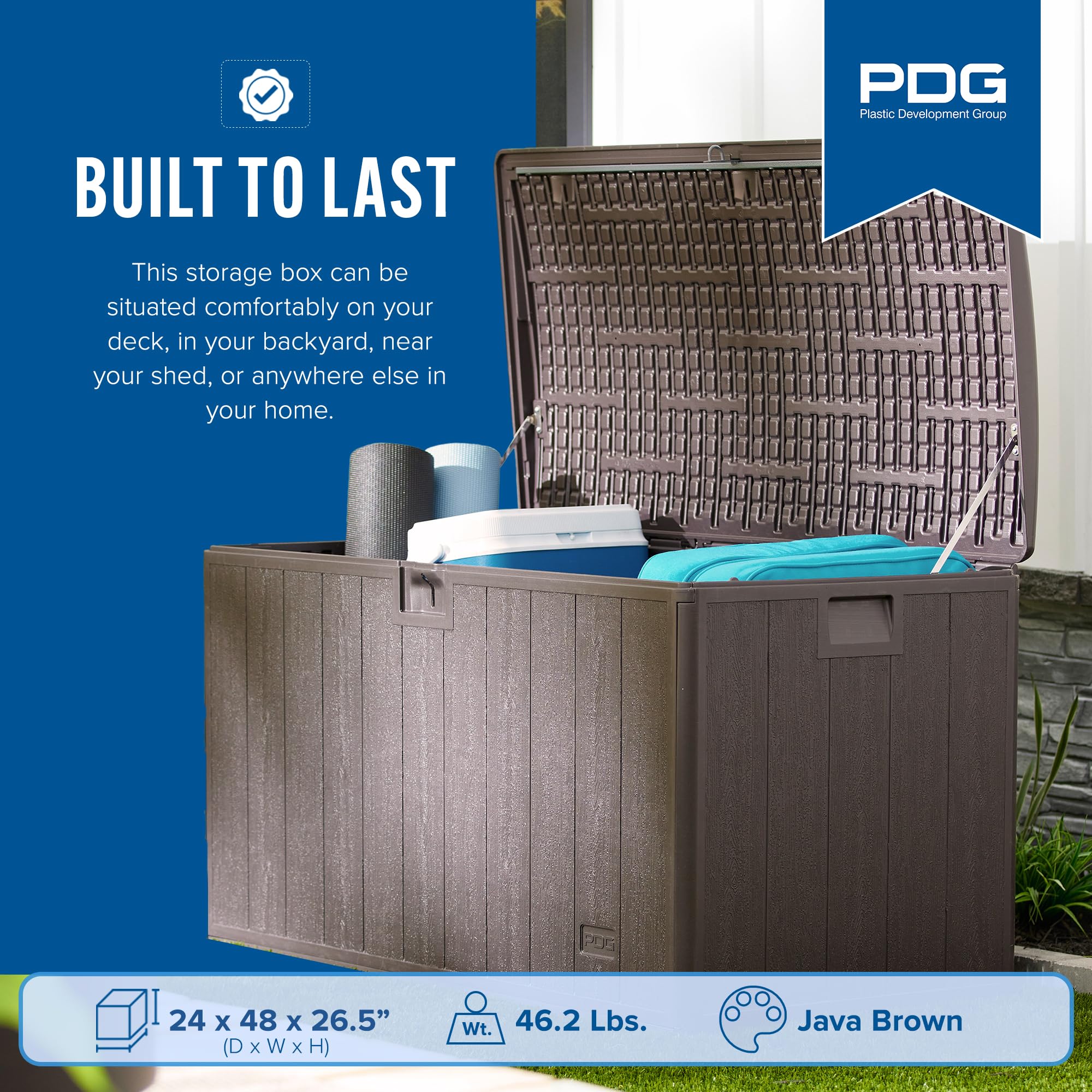 Plastic Development Group 105 Gallon Outdoor Storage Deck Box with Soft Closure - Java Brown - Perfect for Patio, Garden, and Backyard Organization