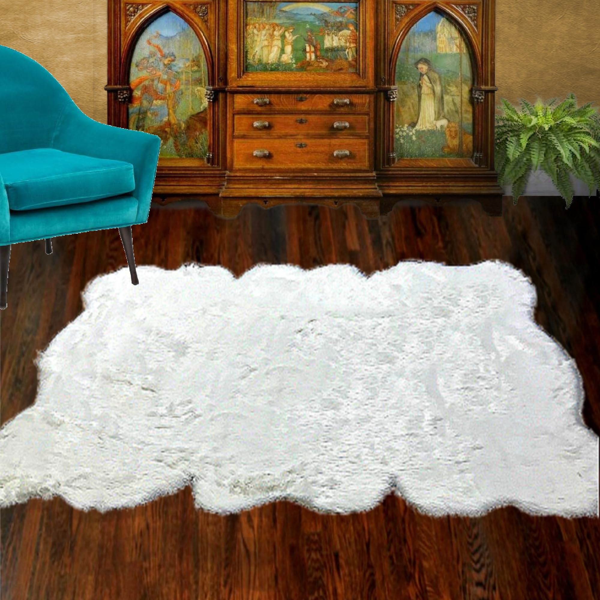 Luxury White Faux Fur Shag Area Rug - Soft Plush Sheepskin Carpet with Sculpted Edge - 3'x6' Gray Rectangle Accent Rug for Living Room, Bedroom & Nursery Decor