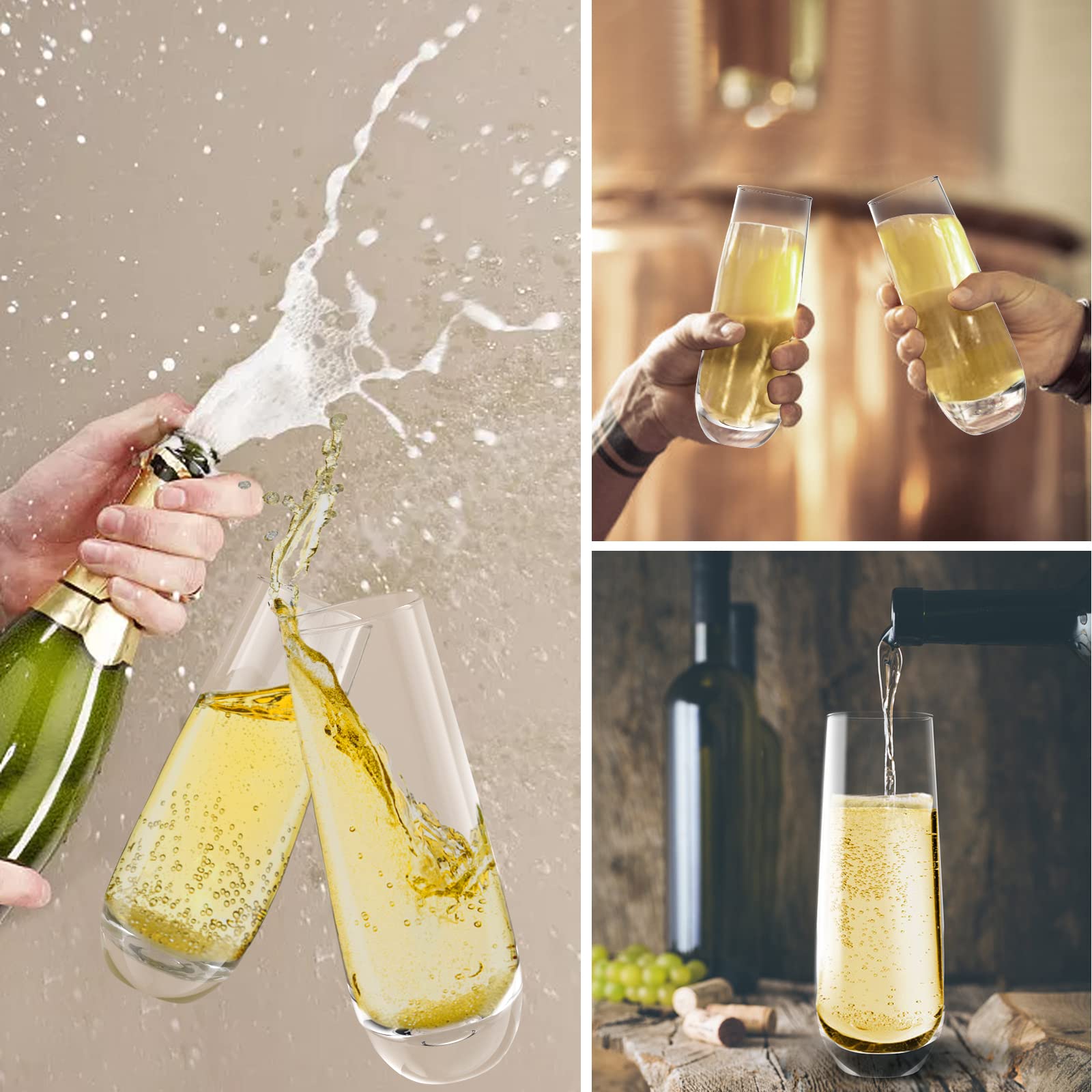 Premium Hand Blown Crystal Stemless Champagne Flutes Set of 4 - 10.2oz Elegant Prosecco, Cocktail & Mimosa Glasses for Wedding, Party & Home Bar Entertaining