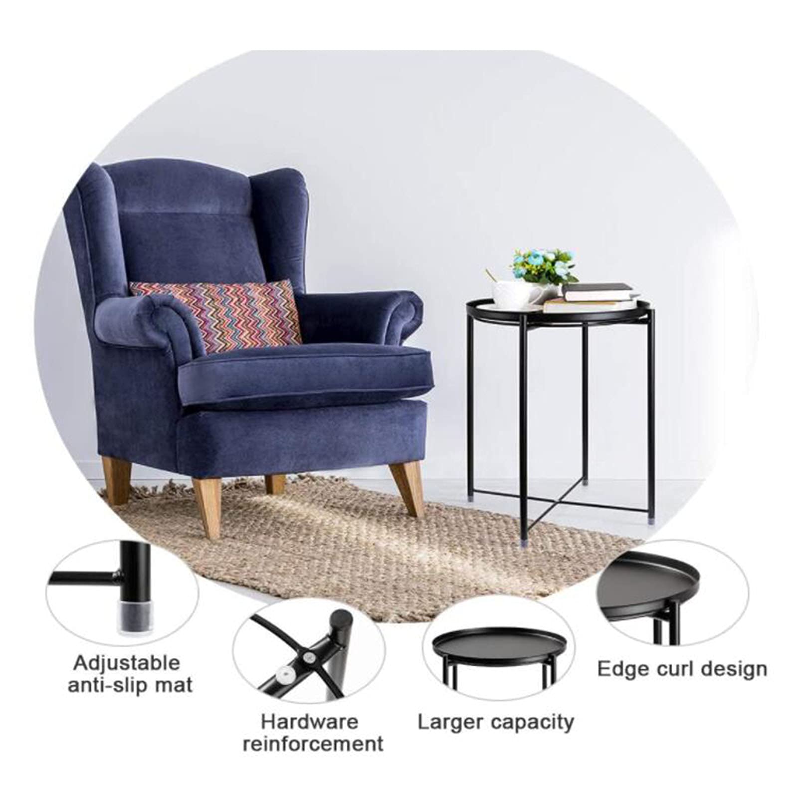 Foldable Metal Side Table with Removable Tray - Waterproof Small Coffee Table, End Table for Living Room, Bedroom, Office & Balcony - Compact Size 16.38x16.38x20.28 Inches (Black) - Perfect for Small Spaces, TV Snacks, Reading Nook & Guest Seating