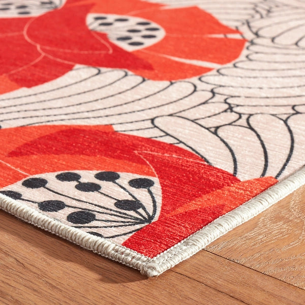 Japanese Poppy Multi Machine Washable Rug - Non-Slip Soft Area Rug for Living Room, Bedroom, Nursery - Easy Care Home Decor Floor Mat