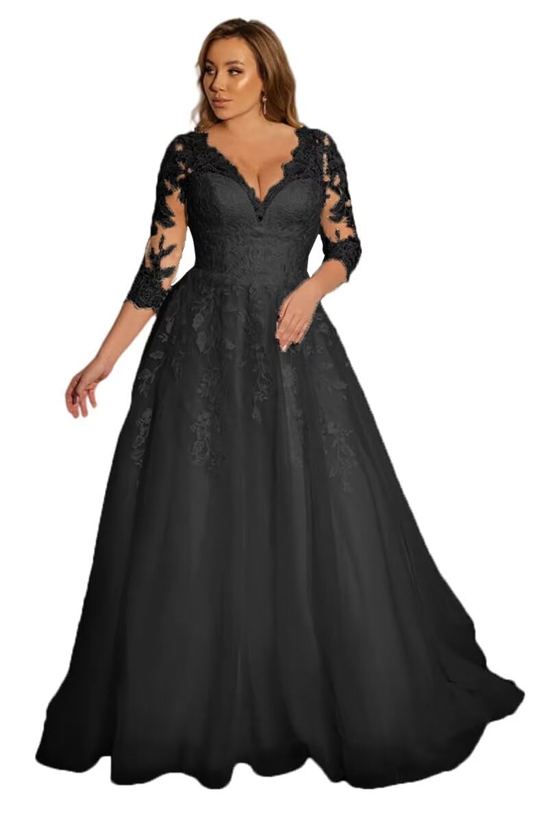 TRHTX V-Neck Lace Wedding Dress for Bride – 3/4 Sleeve A-Line Tulle Bridal Gown | Perfect for Beach, Church & Outdoor Ceremonies